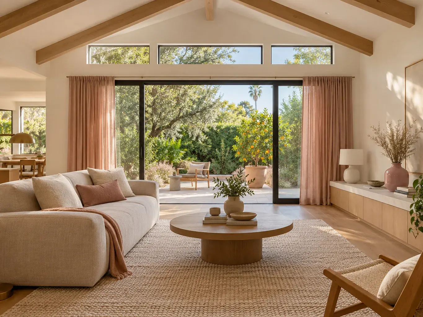 Open living room with exposed oak beams, clerestory windows, a linen sofa and blush curtains at a sliding glass door in a remodeled Southern California home