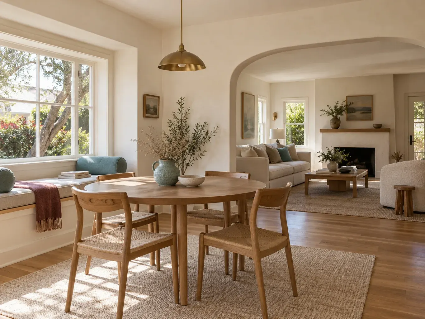 Remodeled dining and living room with an oak window seat, an arched opening and wide-plank oak floors in Southern California
