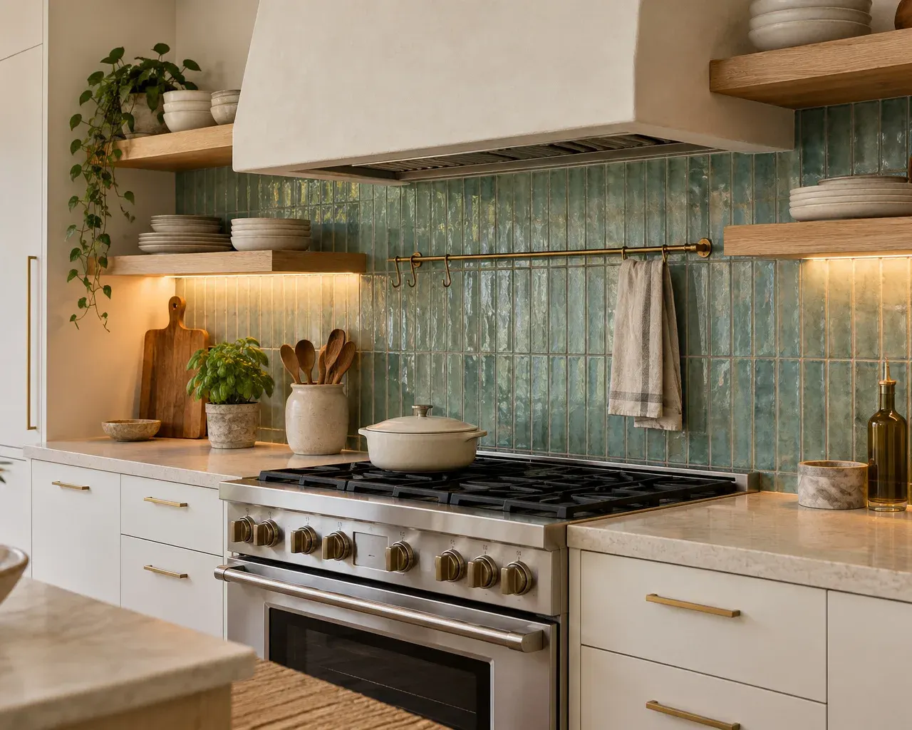 Kitchen range wall with a glazed ceramic tile backsplash, natural oak open shelves and a brass rail in a remodeled Southern California home