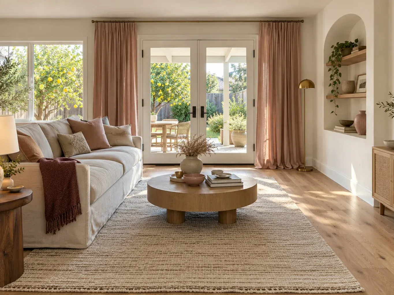 Remodeled family room with oak floors, French doors to a covered patio and soft blush linen curtains in a Southern California home