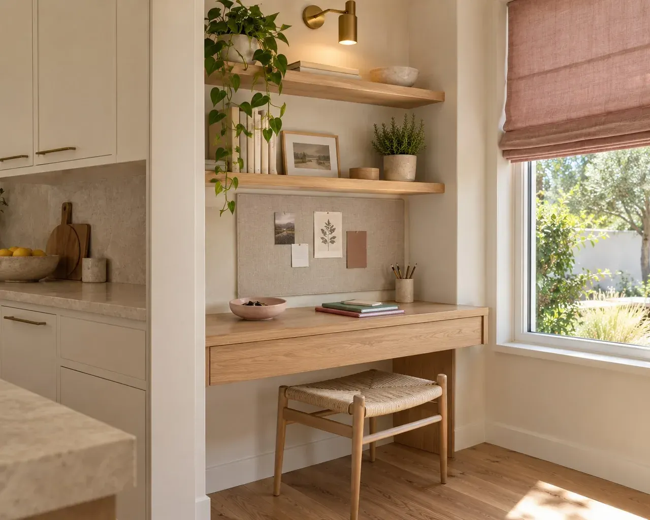 Kitchen desk nook with a white-oak top, open oak shelves, a brass sconce and a blush Roman shade in a remodeled Southern California home
