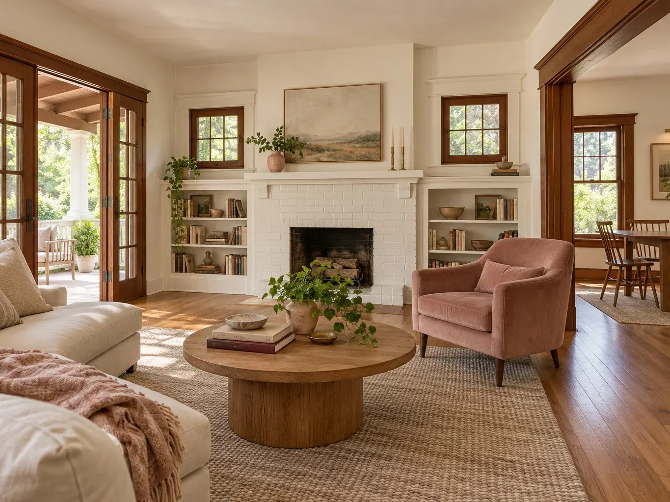 Remodeled living and dining room with bookcases, oak floors and a blush armchair in Southern California