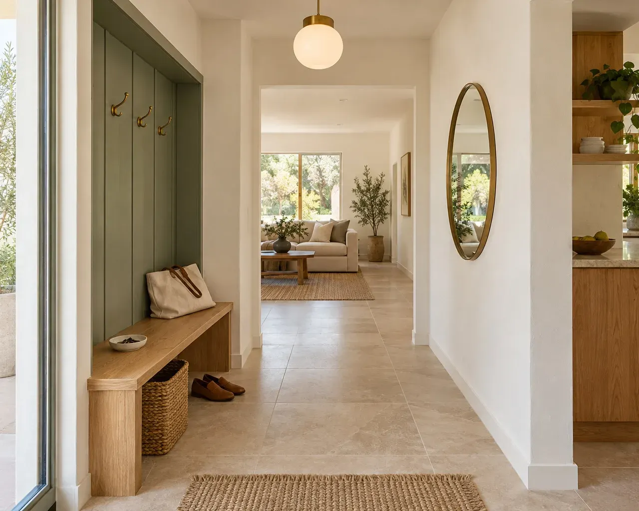 Home entry with a built-in oak bench, sage-painted back panel, brass hooks and an oval mirror in a remodeled Southern California home