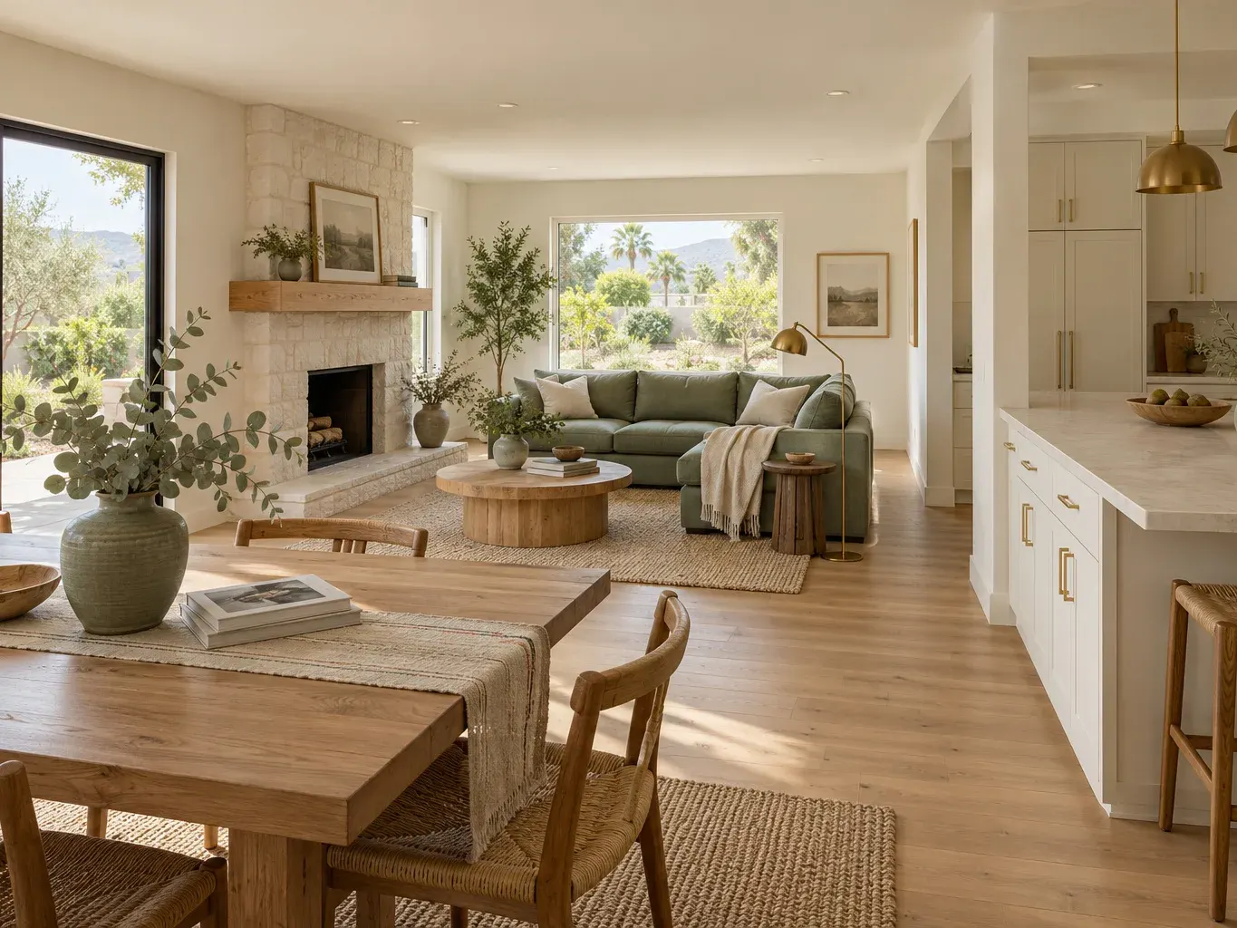 Remodeled open-plan living and dining area with a limestone fireplace, oak floors, a sage-green sofa and a kitchen beyond in Southern California