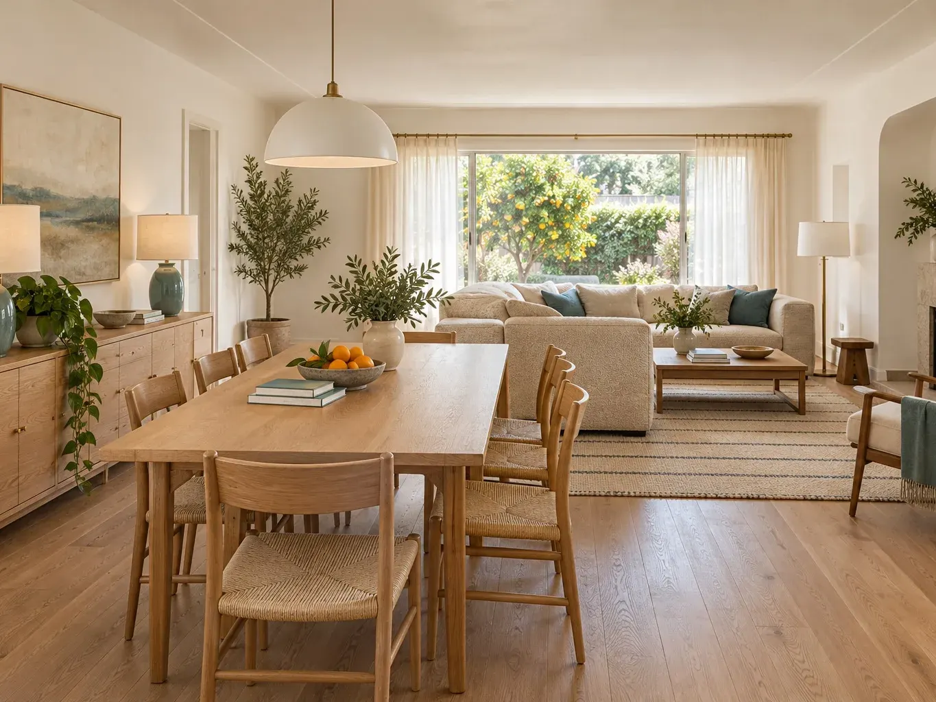 Remodeled living and dining room with a long oak table, an oak credenza, a picture window and oak floors in a Southern California home