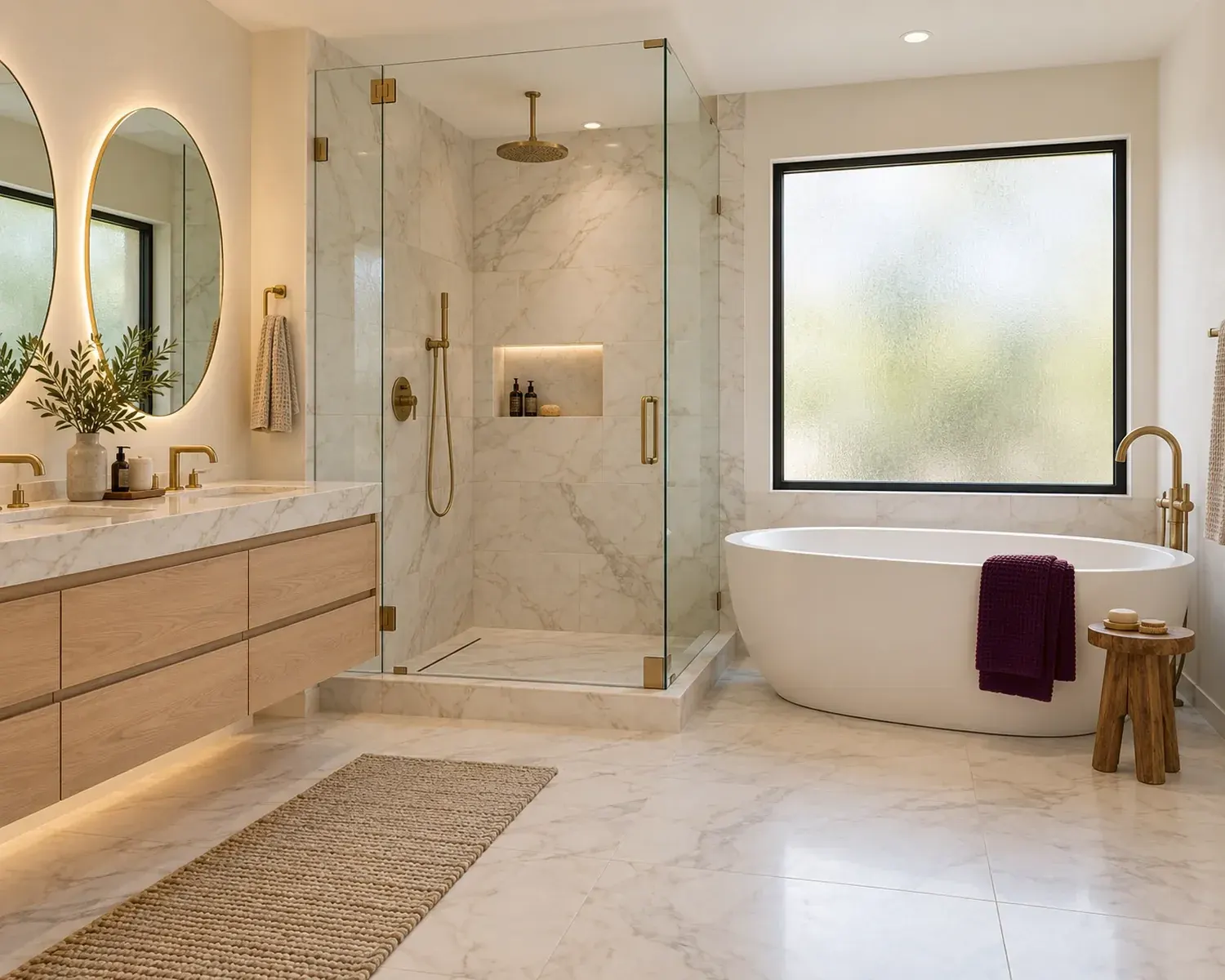 Remodeled Los Angeles bathroom with a glass walk-in marble shower, freestanding tub and floating oak vanity