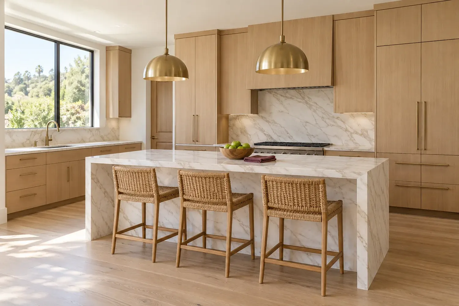 Remodeled Los Angeles kitchen with a marble waterfall island, rattan stools and brass pendant lights