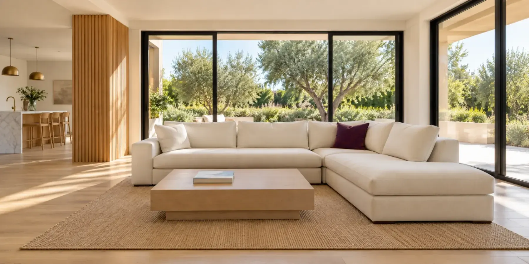 Open-plan Los Angeles living room with a cream sectional and glass doors to an olive-tree garden