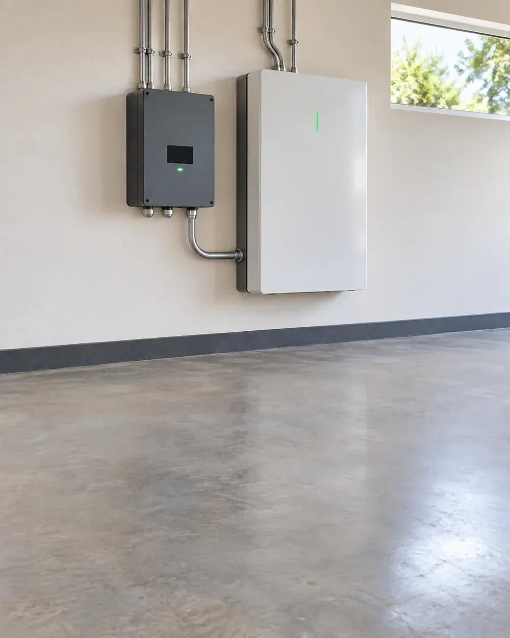 Hybrid solar inverter upgrade in Los Angeles, CA: hybrid inverter beside a home battery in a garage