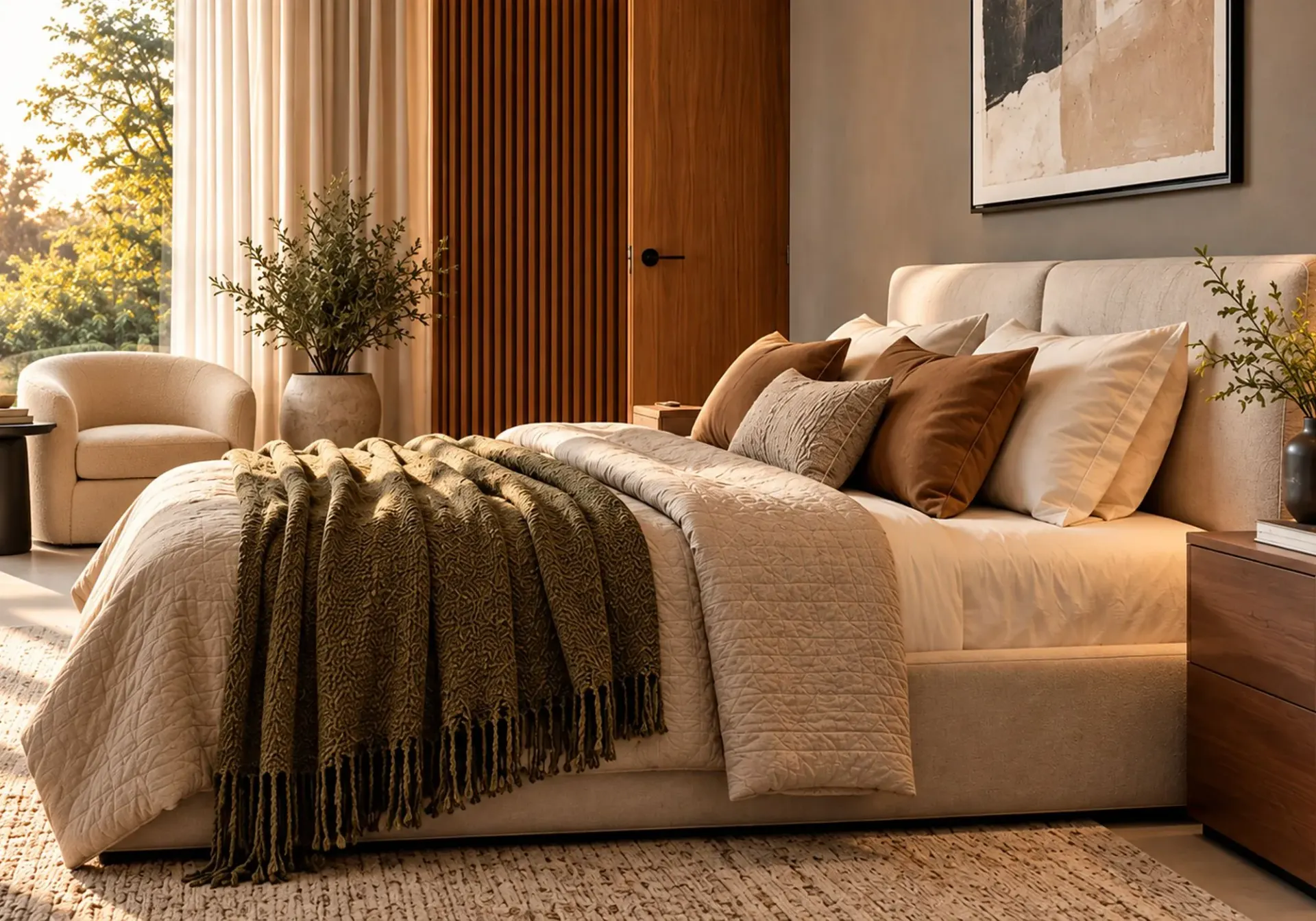 Interior remodeling in Los Angeles, CA: warm bedroom with walnut slat wall, upholstered bed, boucle armchair and floor-to-ceiling windows