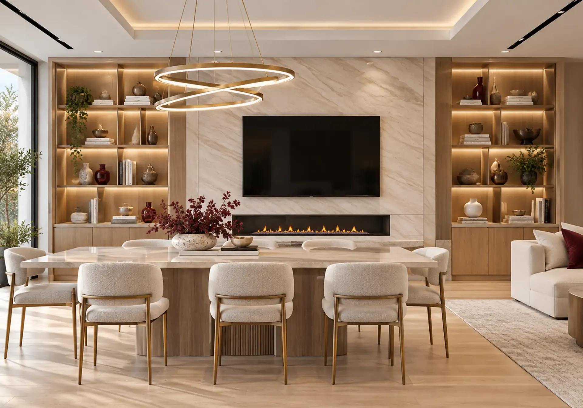 Interior remodeling in Los Angeles, CA: dining room with marble feature wall, backlit oak built-in shelves, gas fireplace and brass ring chandelier