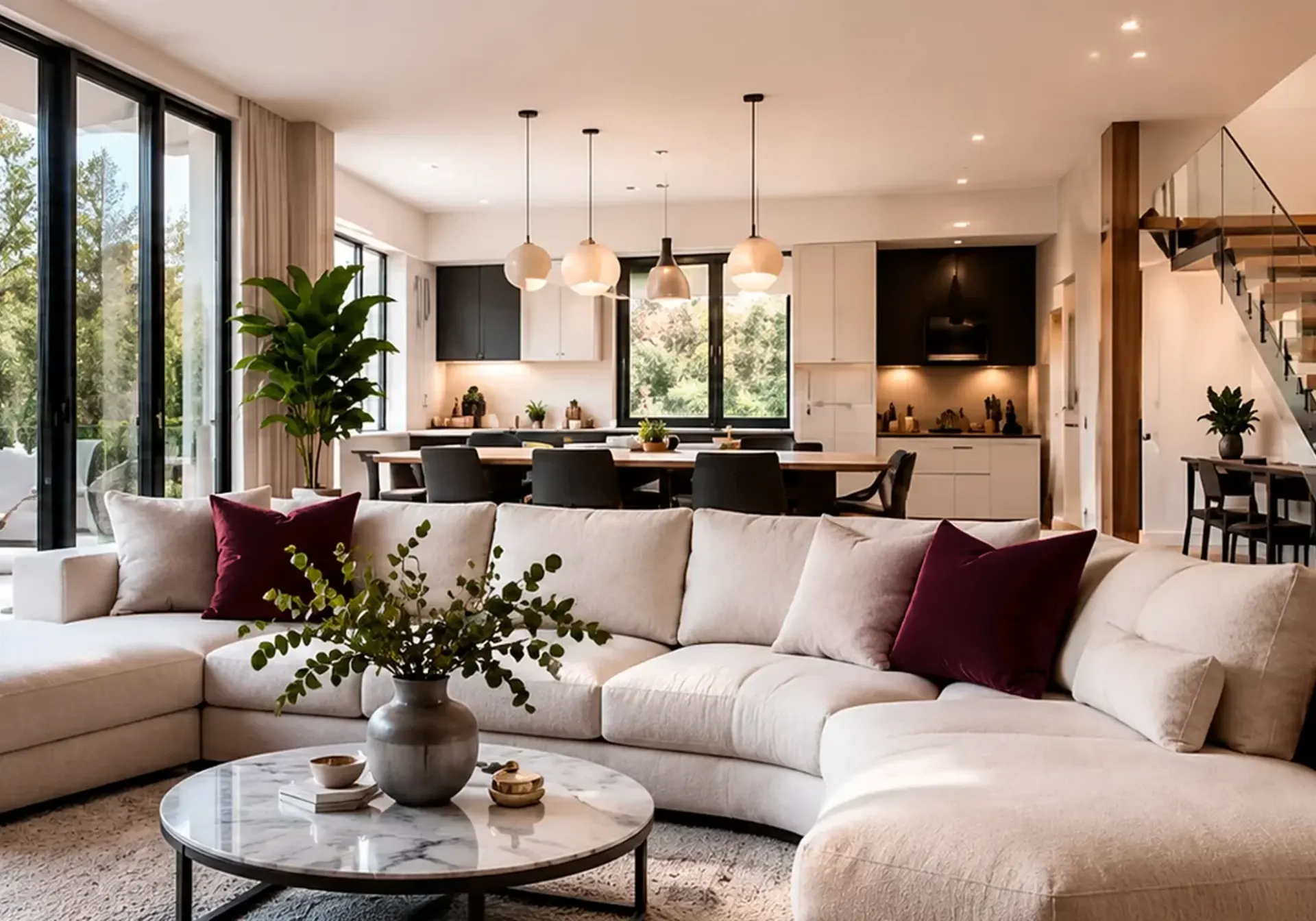 Interior remodeling in Los Angeles, CA: open-plan living room with cream sectional, marble coffee table, modern kitchen and floating staircase