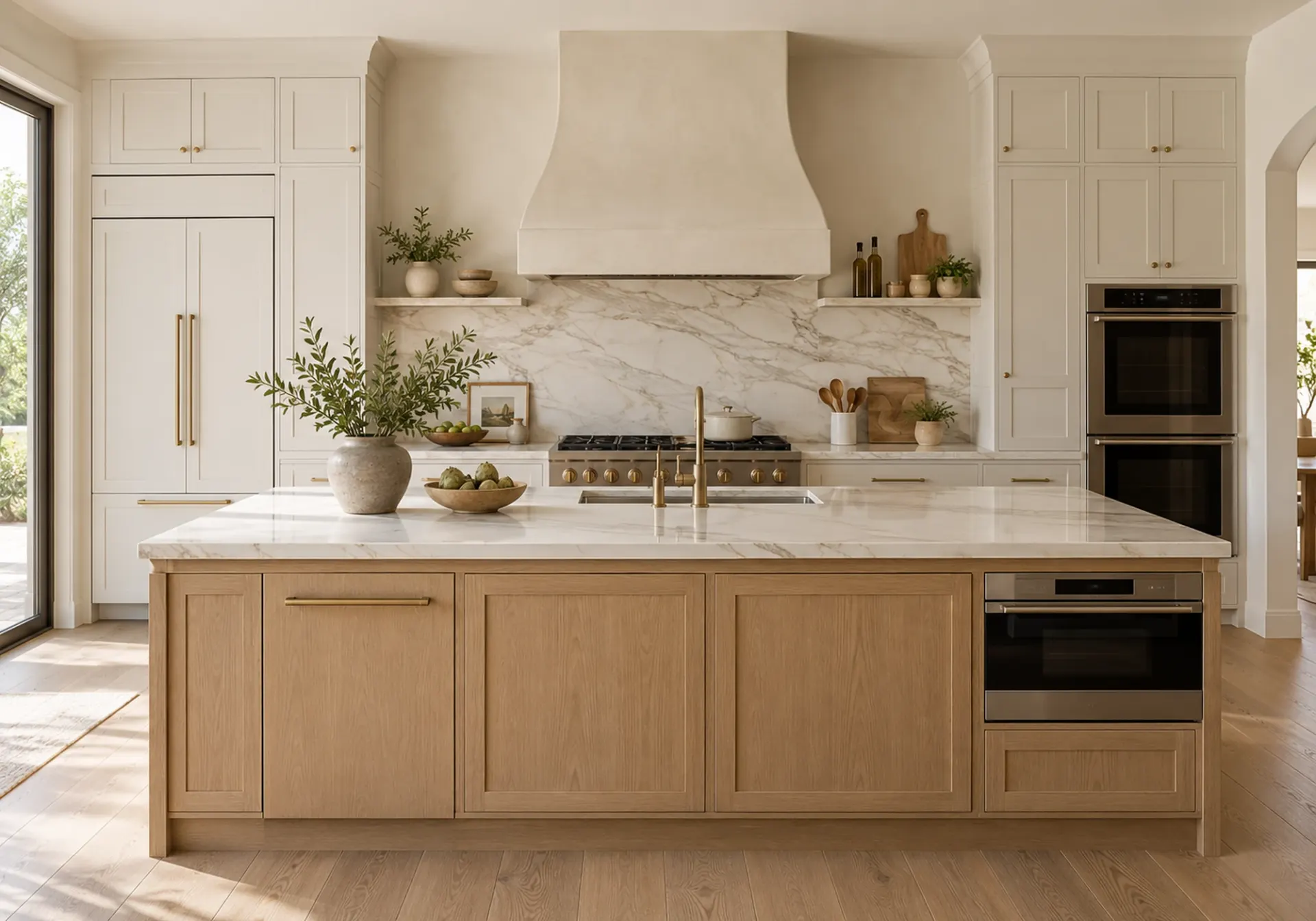 Los Angeles, CA kitchen with a professional range under a plaster hood, a panel-ready refrigerator, double wall ovens and an oak island with a marble top