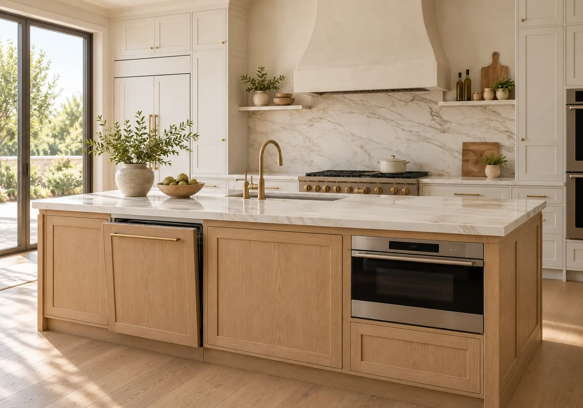 Kitchen island with an integrated dishwasher panel and a built-in oven, marble top and oak cabinets in a Los Angeles, CA home