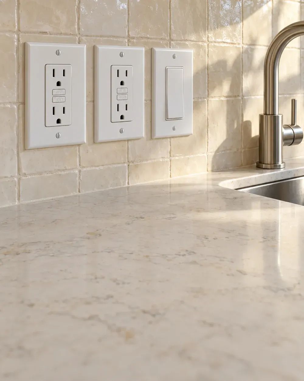 Kitchen and bathroom GFCI outlet installation in Los Angeles, CA: GFCI outlets and switch on a kitchen backsplash
