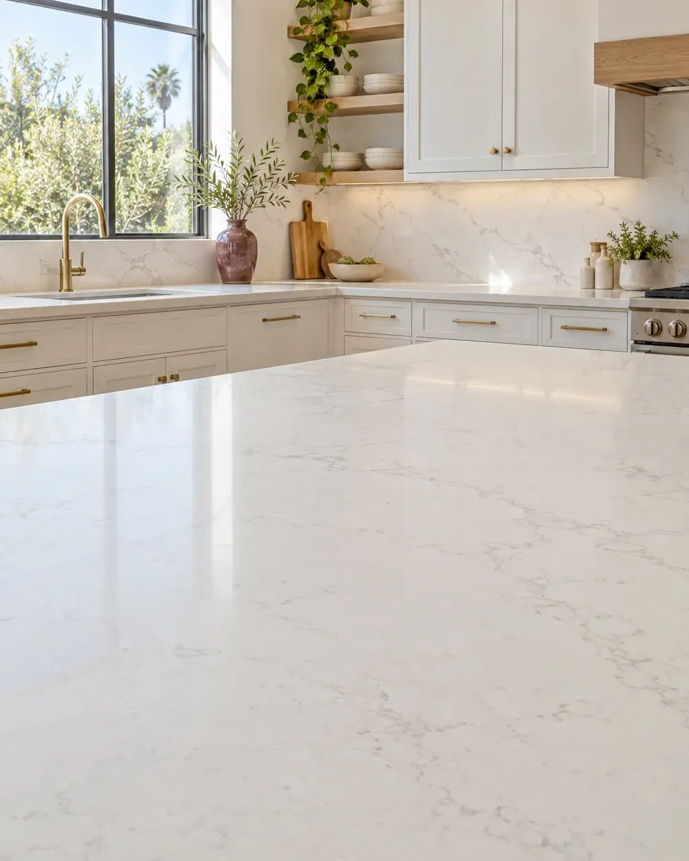Kitchen countertop installation in Los Angeles, CA: quartz perimeter counters, island and matching backsplash