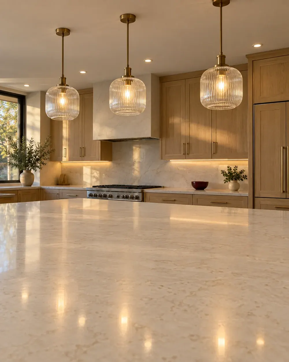 Kitchen and dining lighting installation in Los Angeles, CA: glass island pendants, recessed lights and under-cabinet lighting