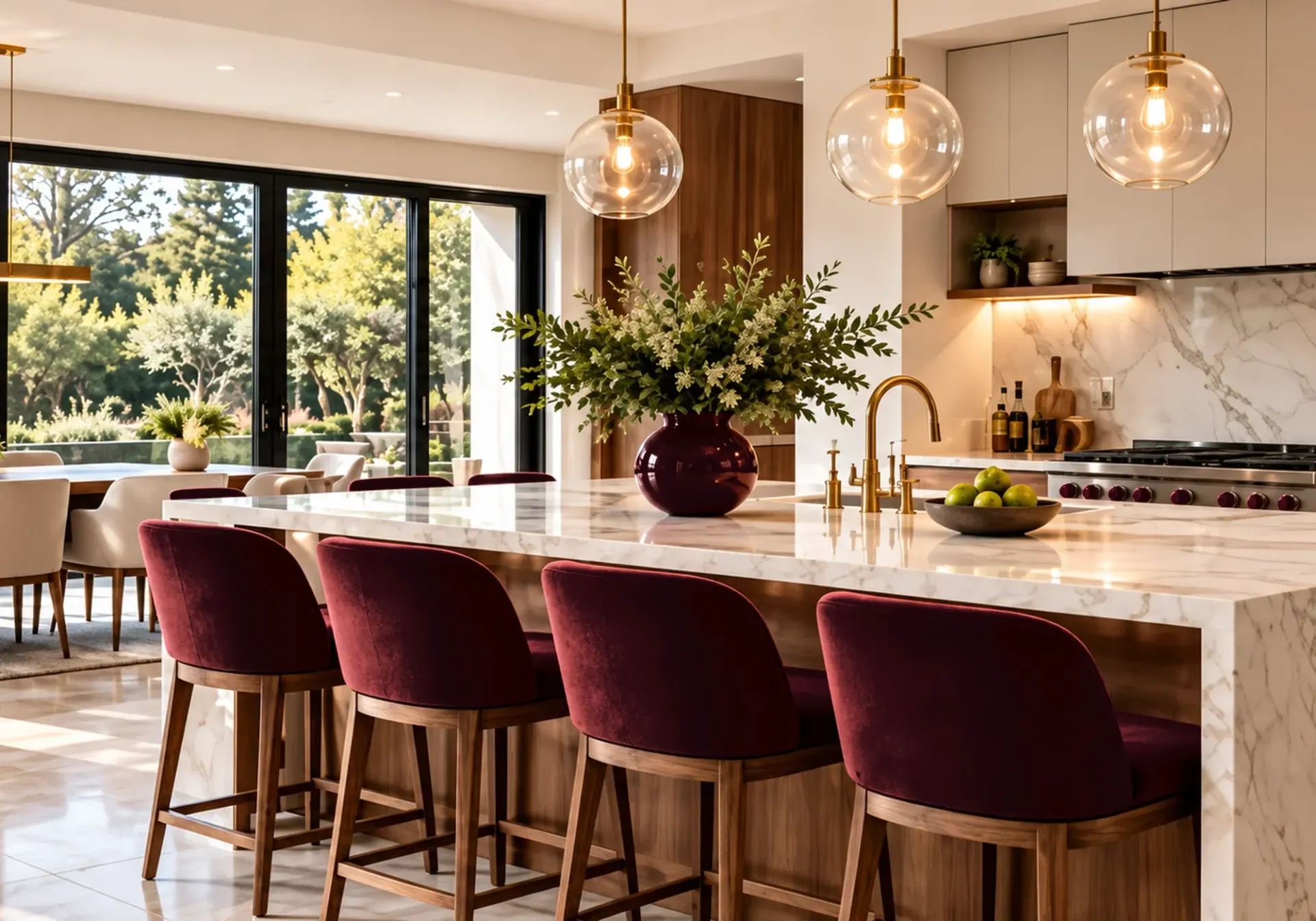 Kitchen remodeling in Los Angeles, CA: marble waterfall island, burgundy velvet barstools, walnut cabinetry and gold pendant lights