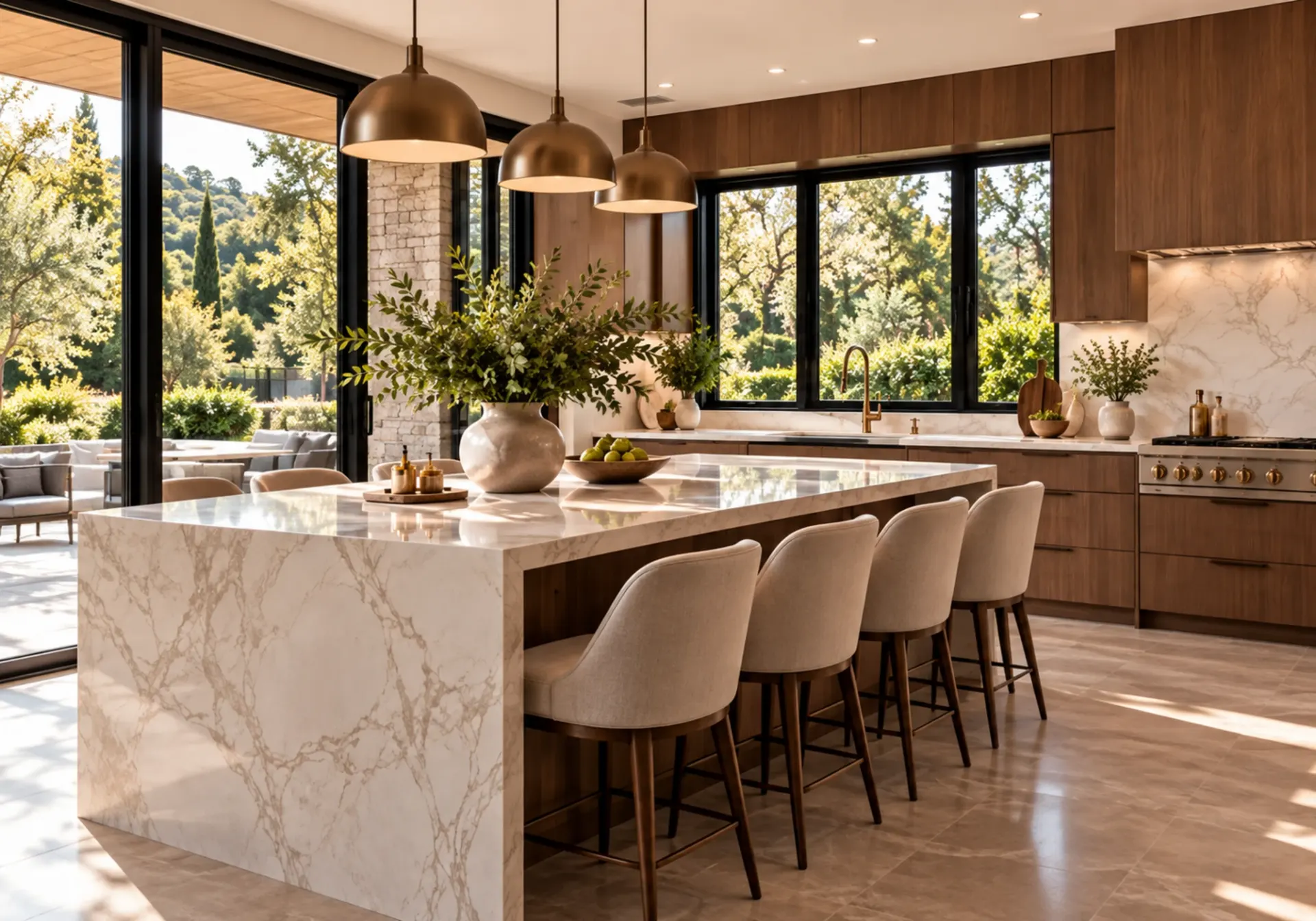 Kitchen appliances in Los Angeles, CA: walnut cabinets, marble island and built-in appliances planned into the kitchen