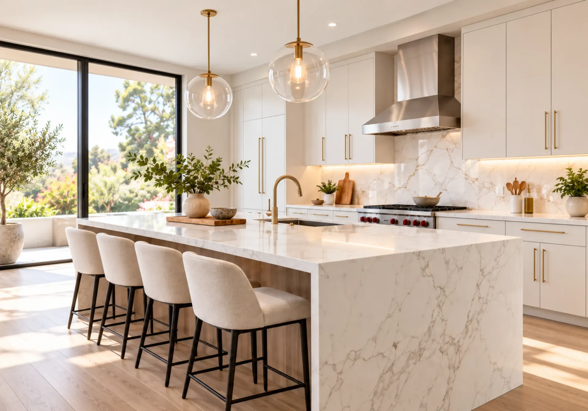 Bright white kitchen in Los Angeles with marble waterfall island, brass glass pendant lights and a view of the garden