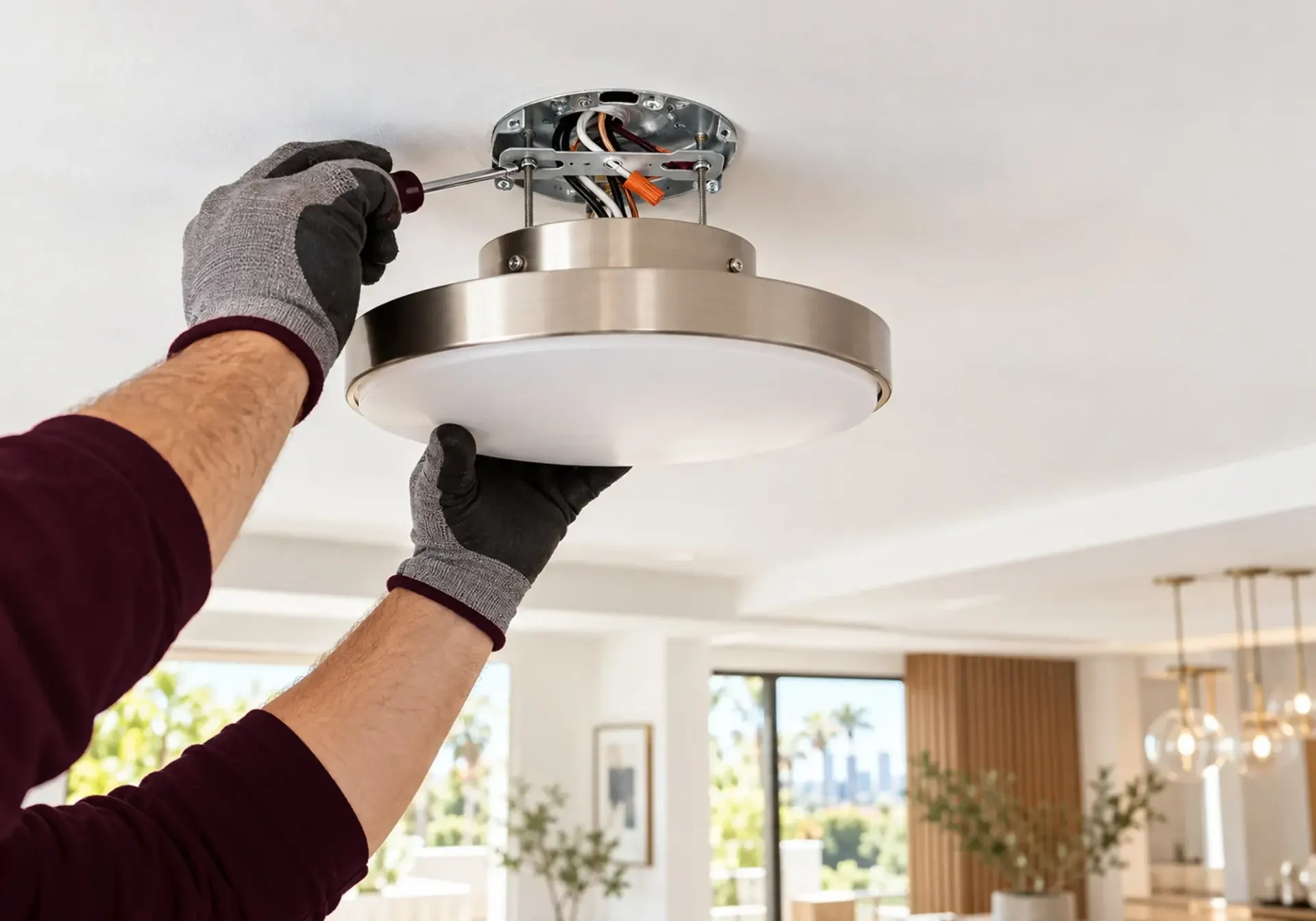 Lighting installation in Los Angeles, CA: electrician in gloves mounting a ceiling light fixture to a wired junction box