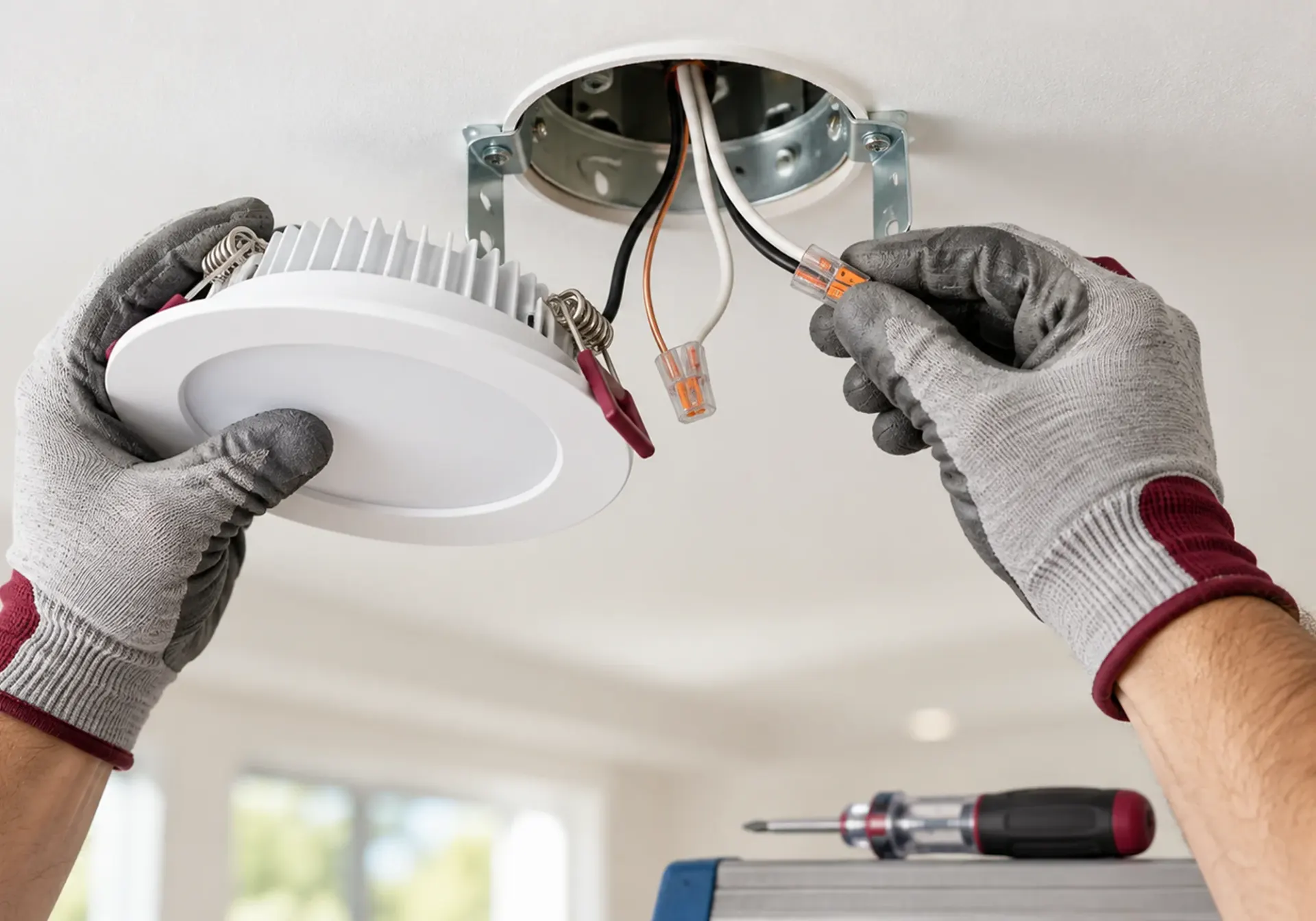 Lighting installation in Los Angeles, CA: electrician wiring a recessed LED downlight into a ceiling