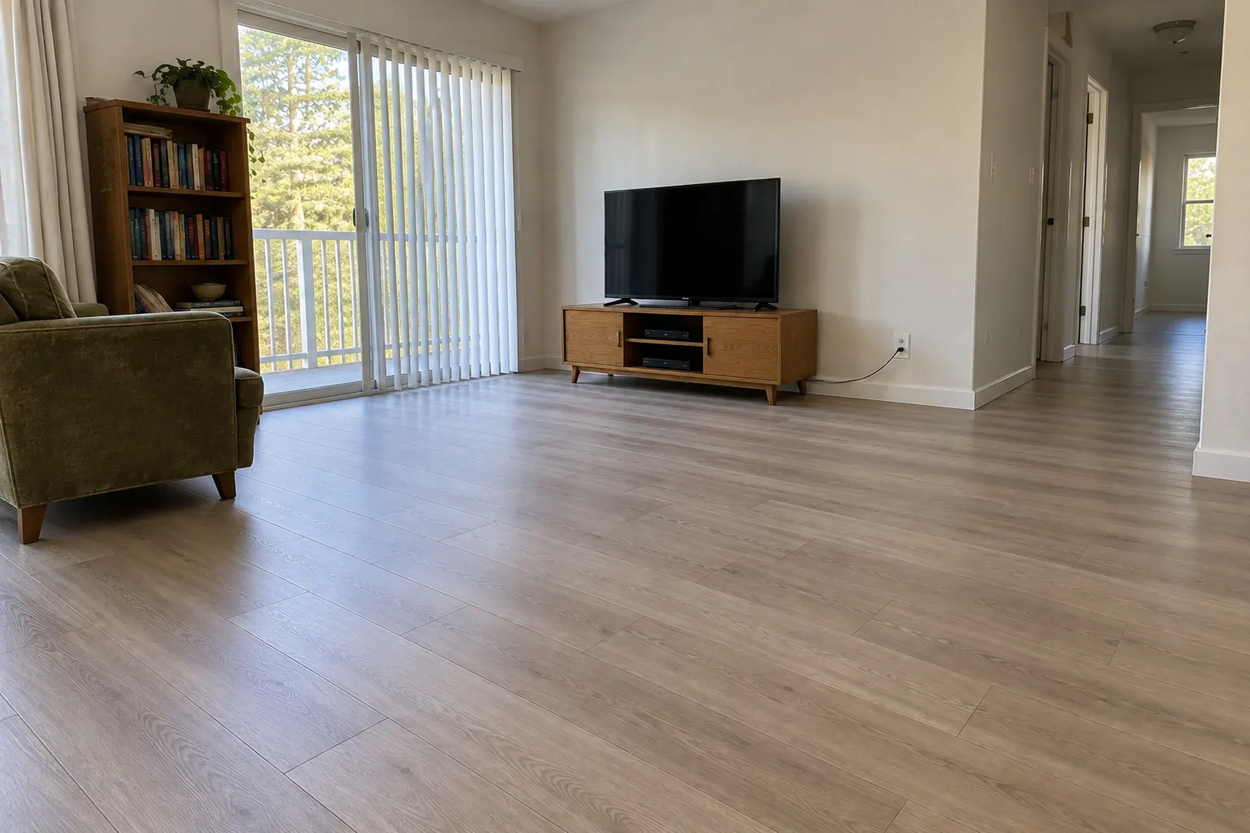 Luxury vinyl plank flooring in Culver City, CA with light gray oak-look planks in a bright living room and hallway