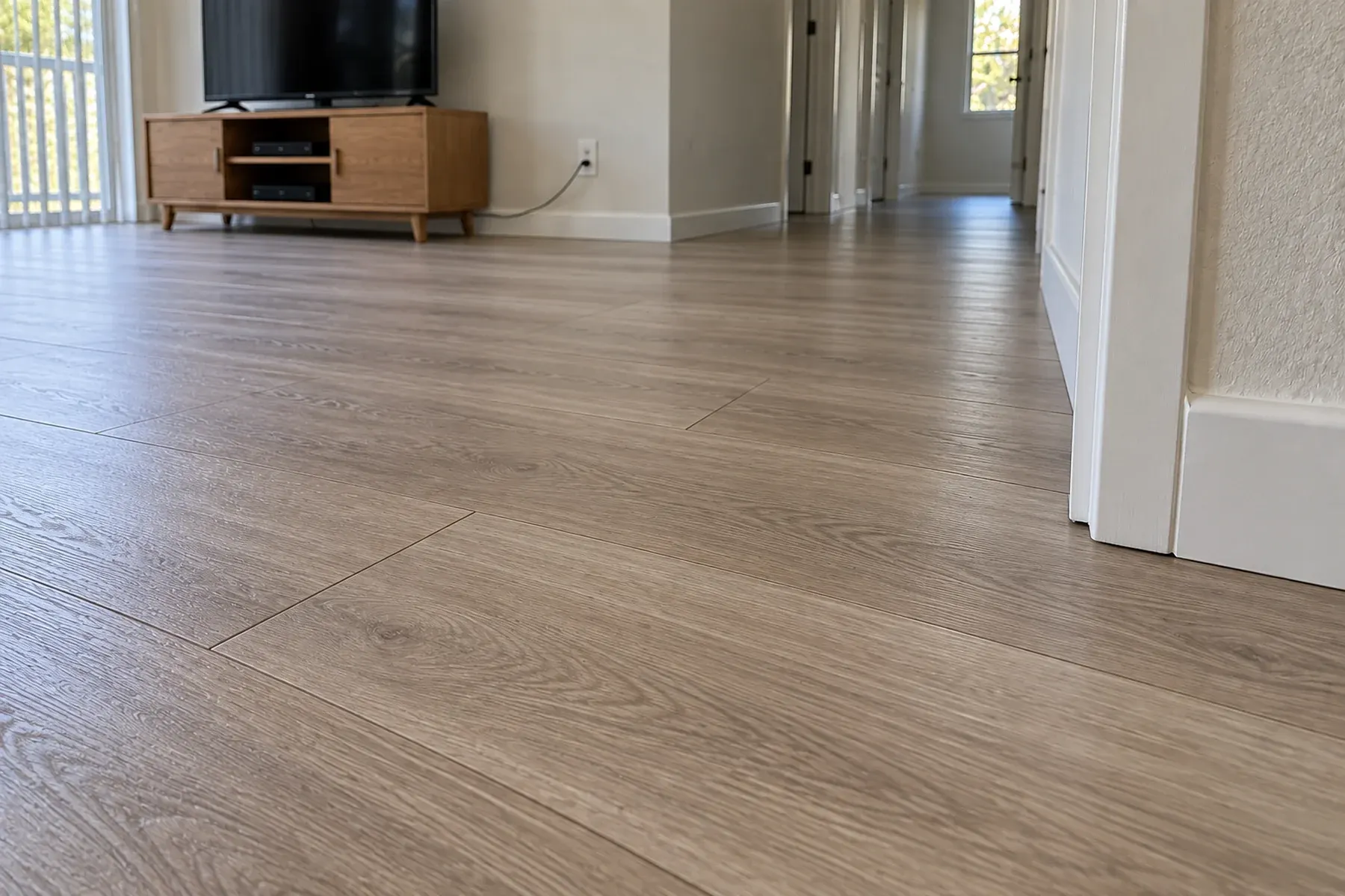 Close-up of luxury vinyl plank seams meeting a white baseboard and door trim in a Culver City home