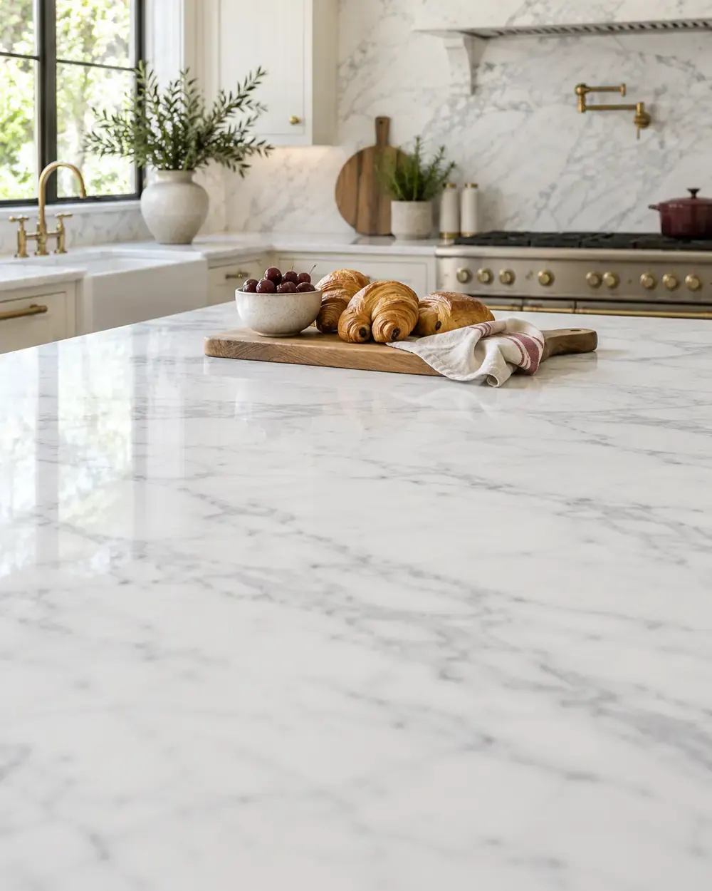 Marble countertops in Los Angeles, CA: white marble kitchen island with soft gray veining and brass fixtures