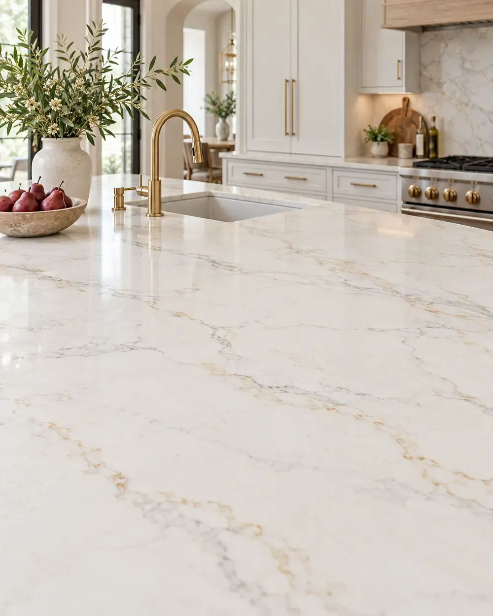 Marble-look quartz countertop in Los Angeles, CA: white quartz island with soft gray and gold veining and a brass faucet