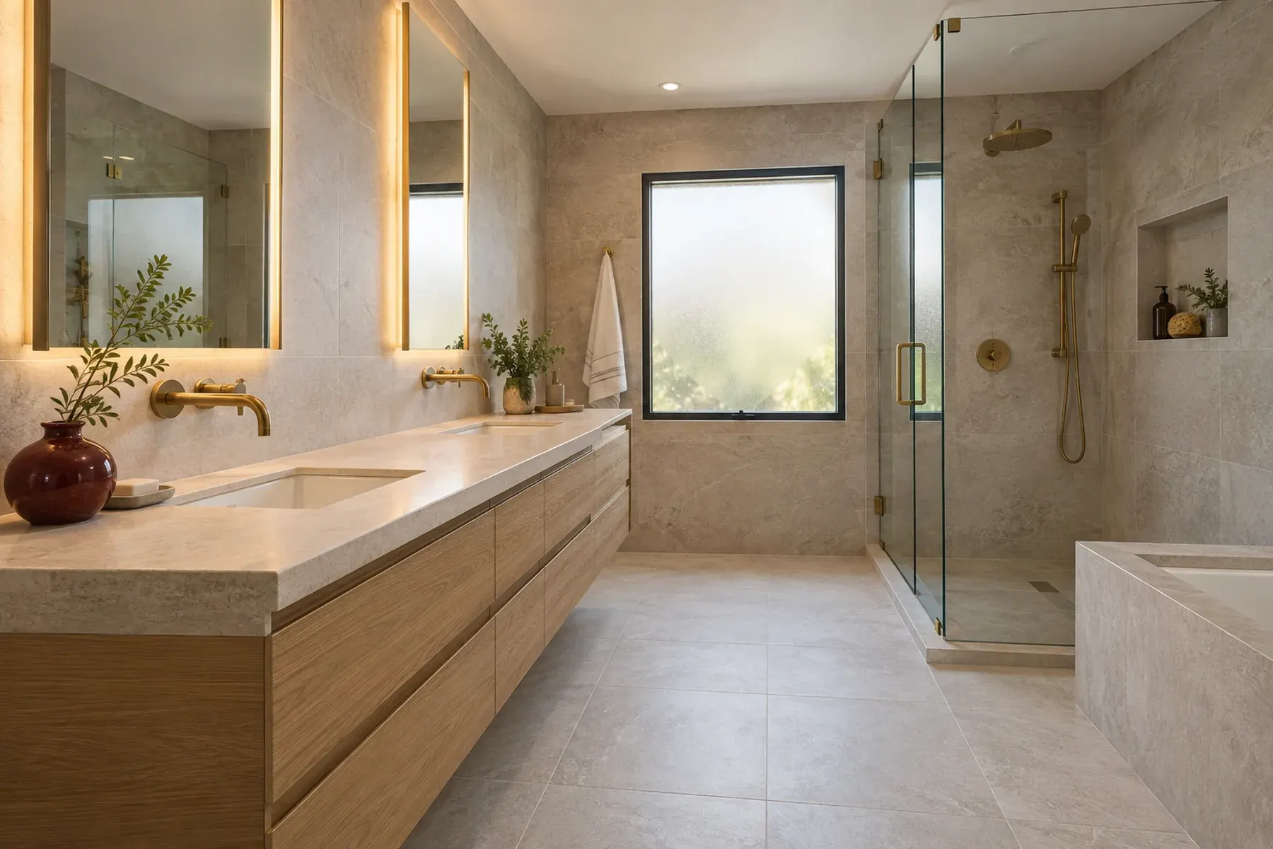 Santa Monica master bathroom with a stone countertop, wall-mounted brass faucets, a frameless glass shower and a frosted window