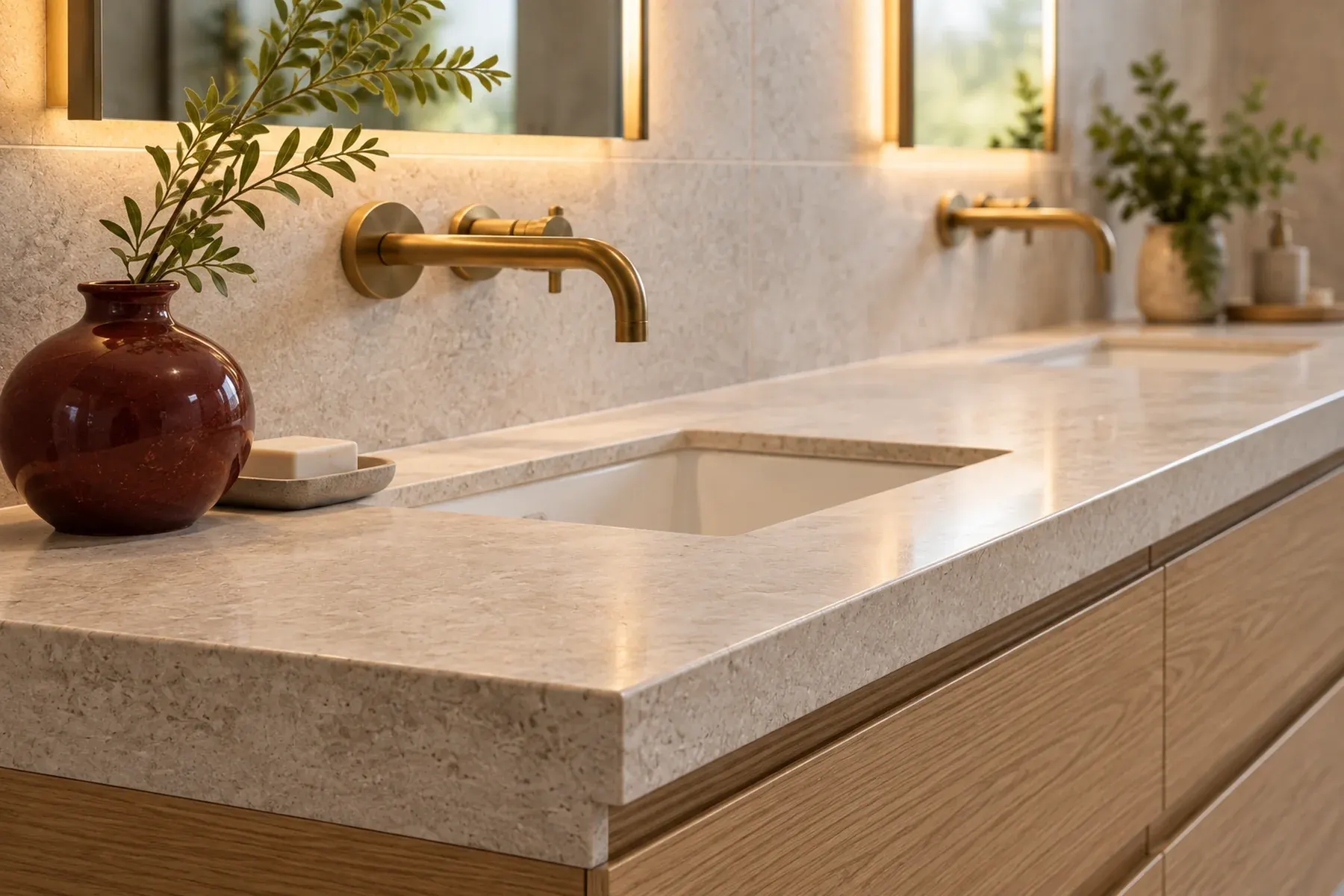 Close-up of a thick stone vanity top with an undermount sink and a wall-mounted brass faucet in a Santa Monica bathroom