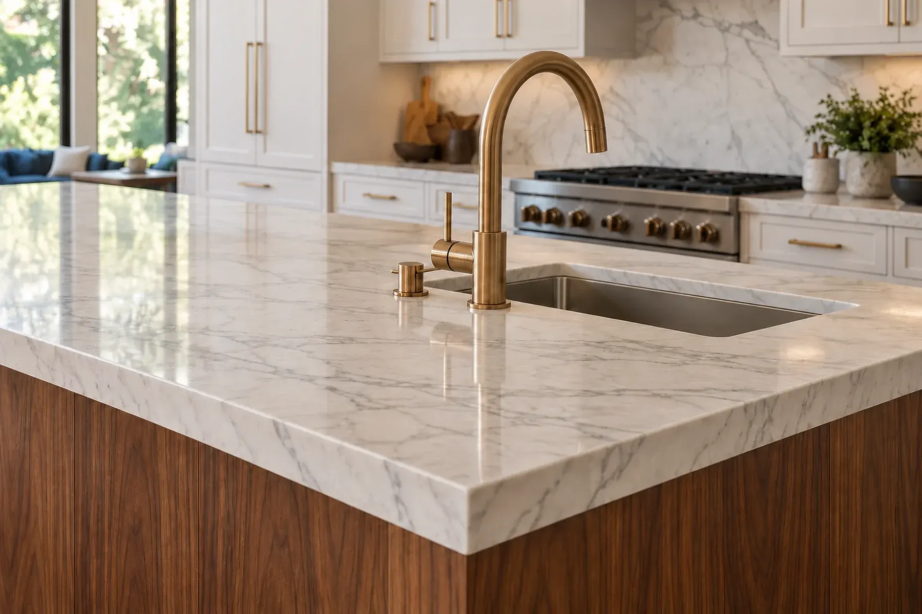 Marble kitchen island countertop with brass faucet detail in a Beverly Hills kitchen remodel