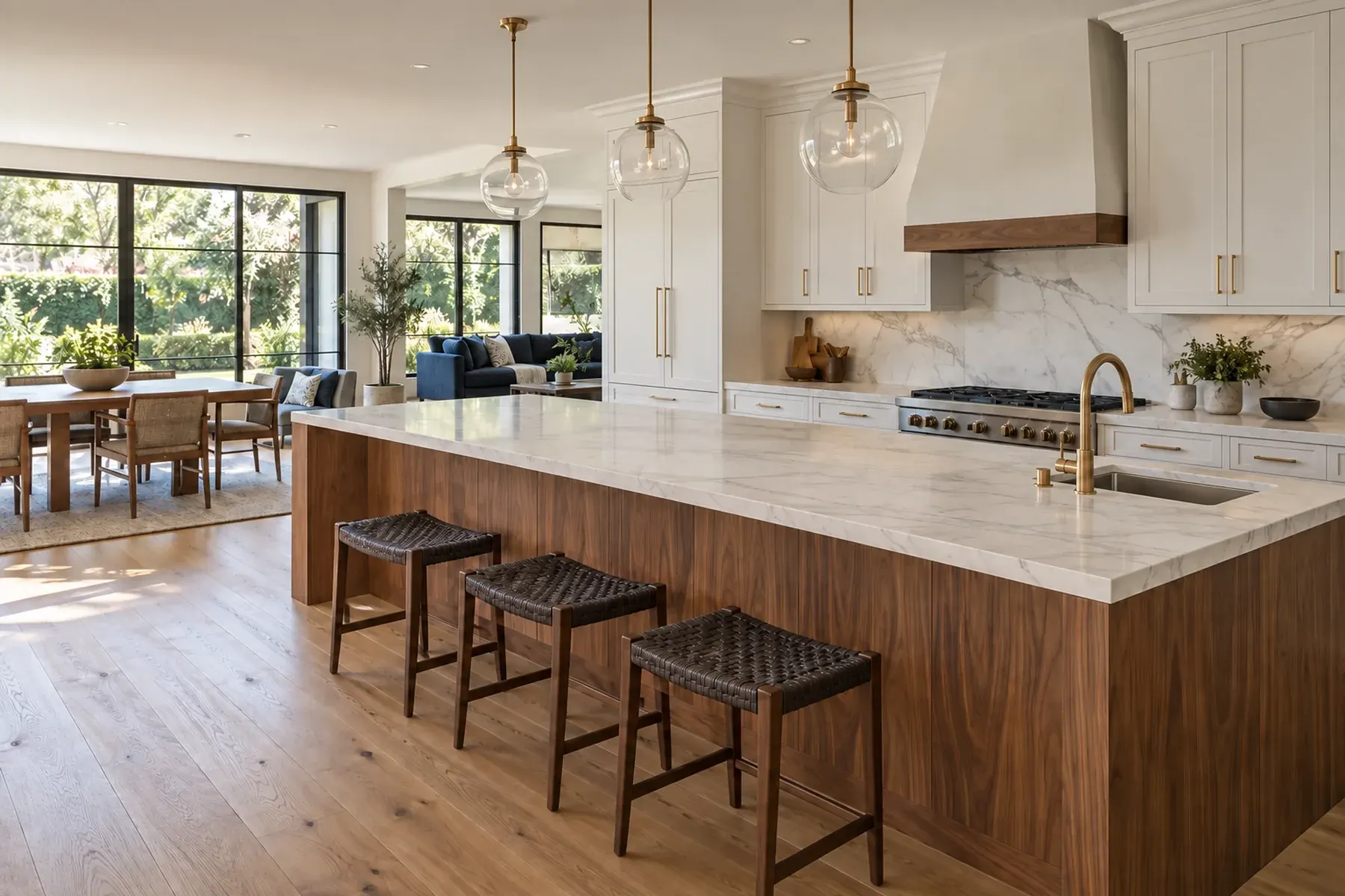 Open-concept kitchen, dining and living area in Beverly Hills with walnut island and marble countertop