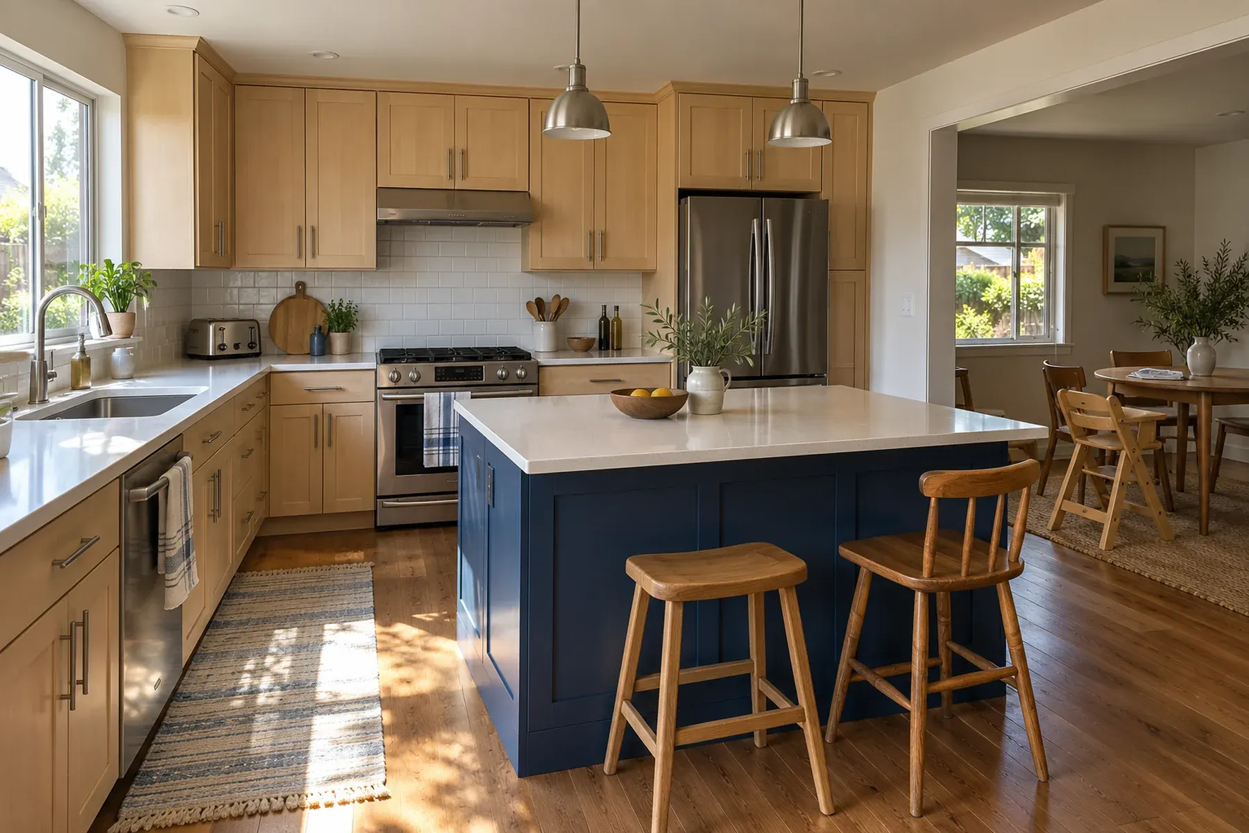 Fullerton kitchen remodel with maple shaker cabinets, white subway tile backsplash, stainless appliances and a navy island with wood bar stools