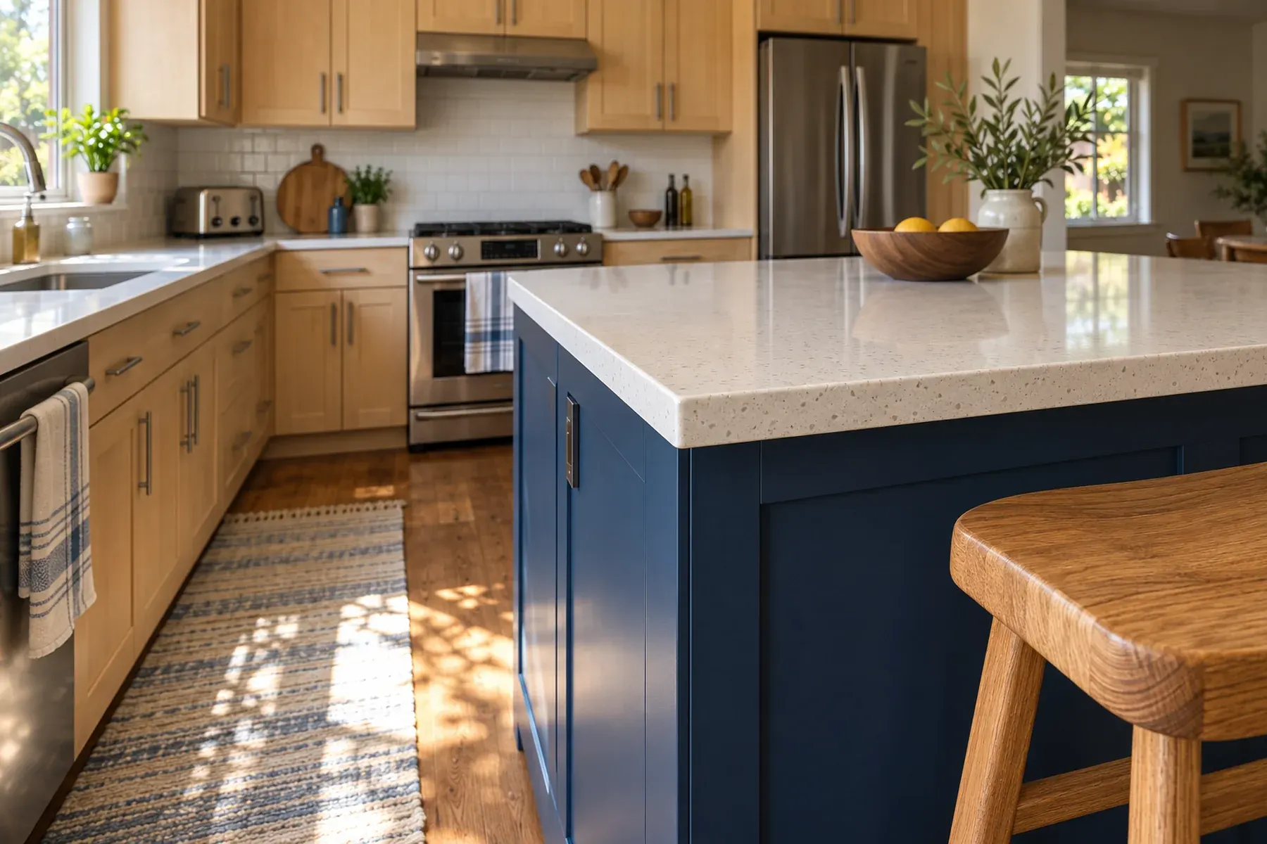 Close-up of a light speckled countertop on a navy blue kitchen island with a wood bar stool in a Fullerton kitchen update