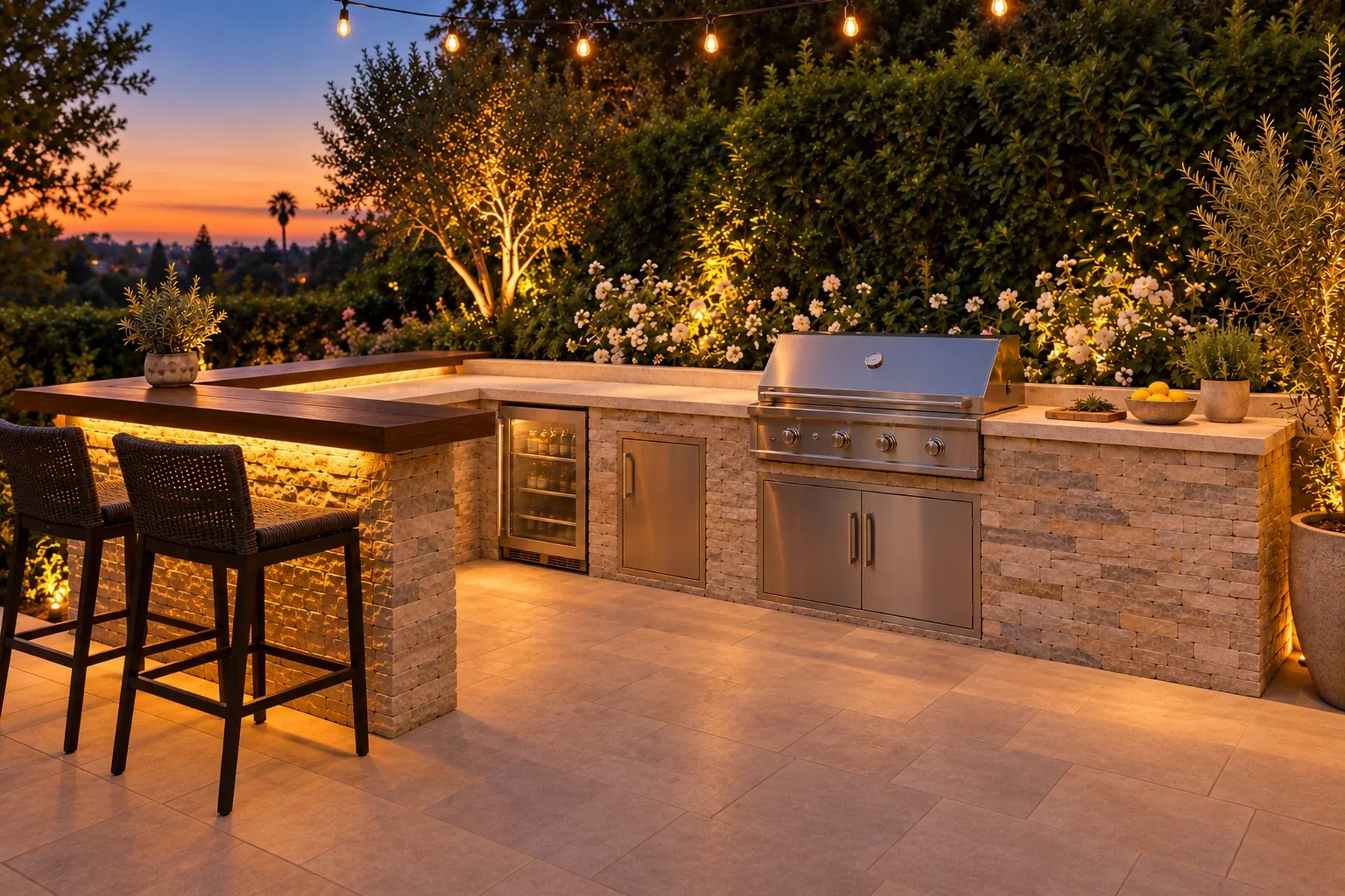 Evening view of a Sherman Oaks outdoor kitchen with wood bar seating, string lights, landscape lighting and a paver patio at dusk