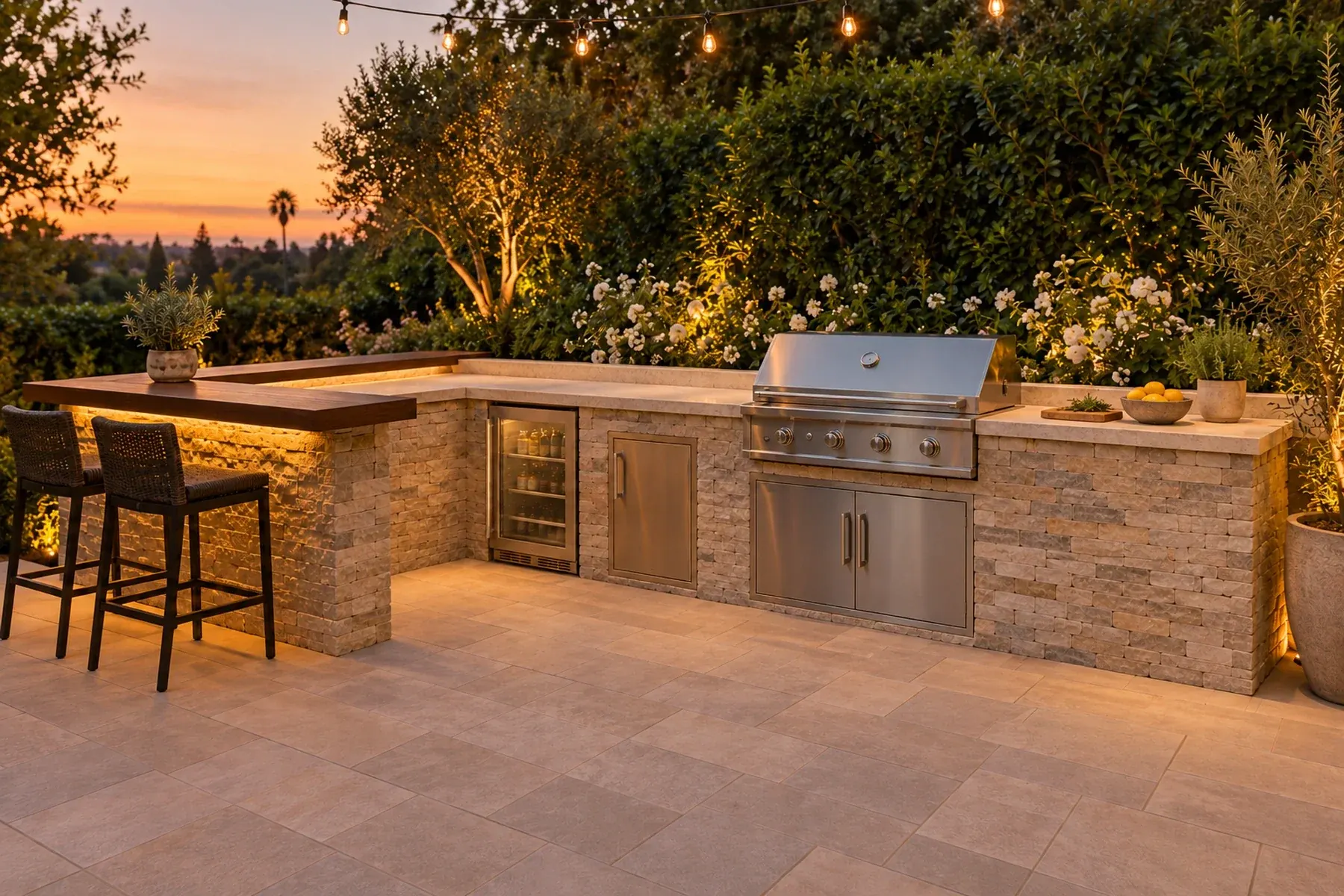 Outdoor kitchen in Sherman Oaks, CA with a stacked stone counter, built-in stainless steel grill, beverage fridge and wood bar seating at sunset
