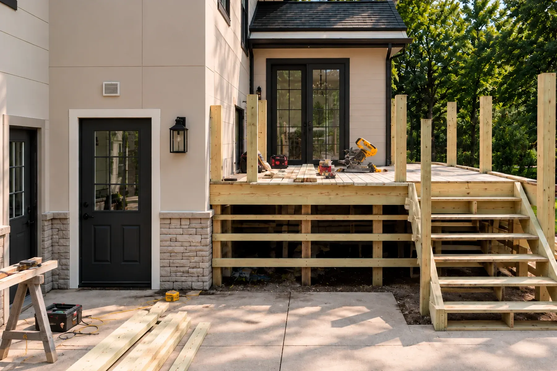 Outdoor staircase and deck under construction before completed installation in Woodland Hills, California