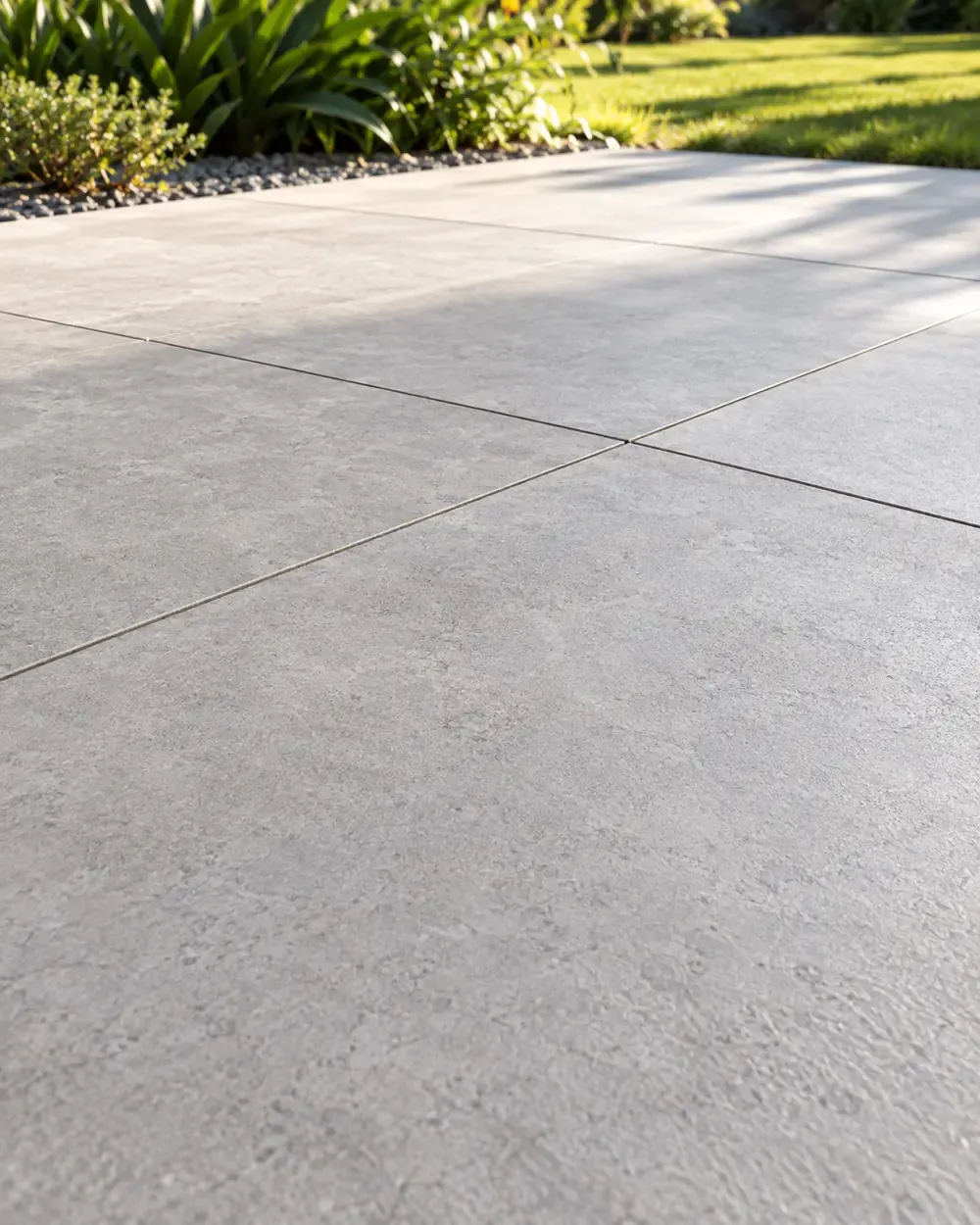 Outdoor tile installation in Los Angeles: large-format gray patio tiles beside a landscaped garden
