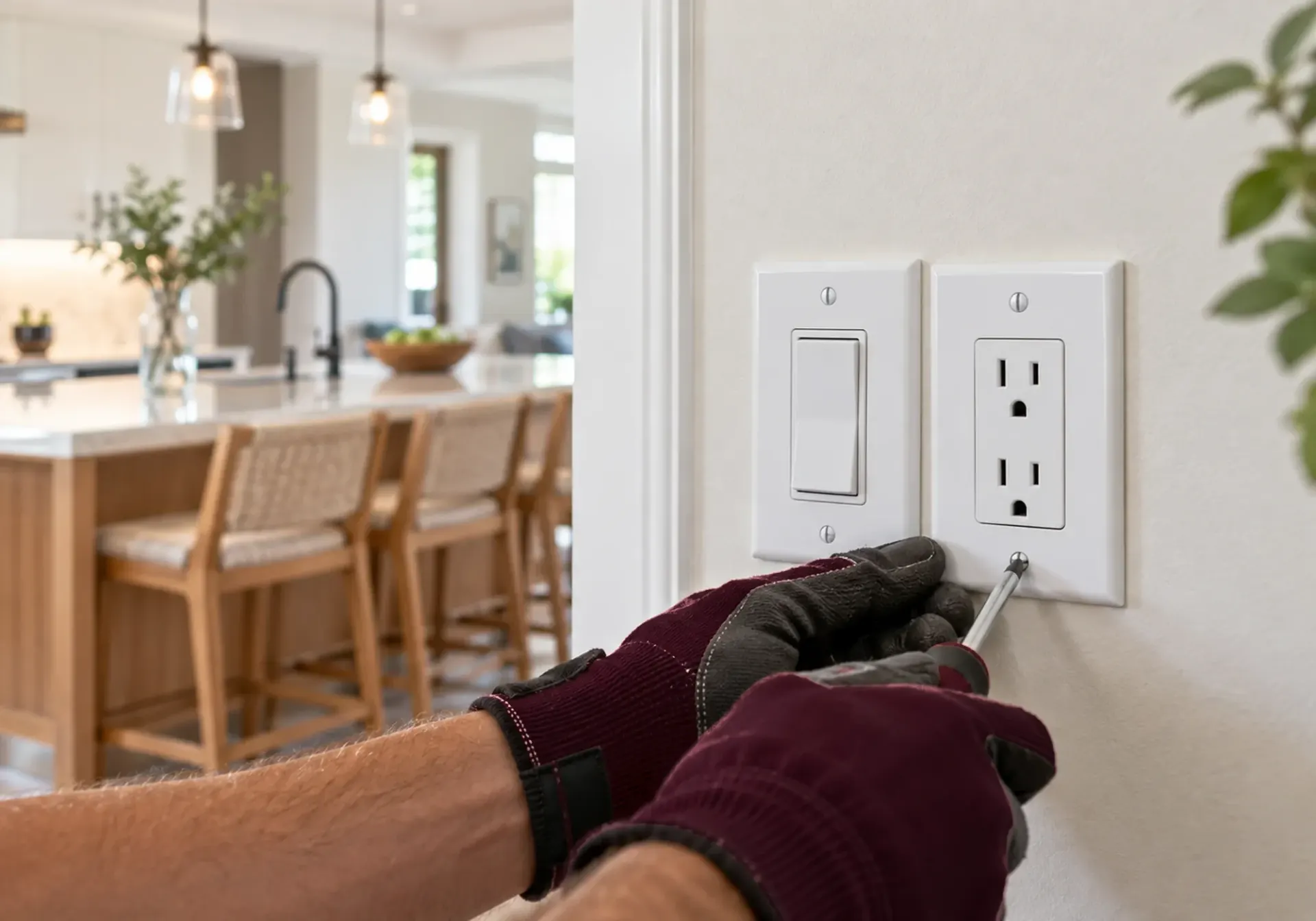 Outlets and switches in Los Angeles, CA: electrician installing a wall switch and electrical outlet in a home with a modern kitchen