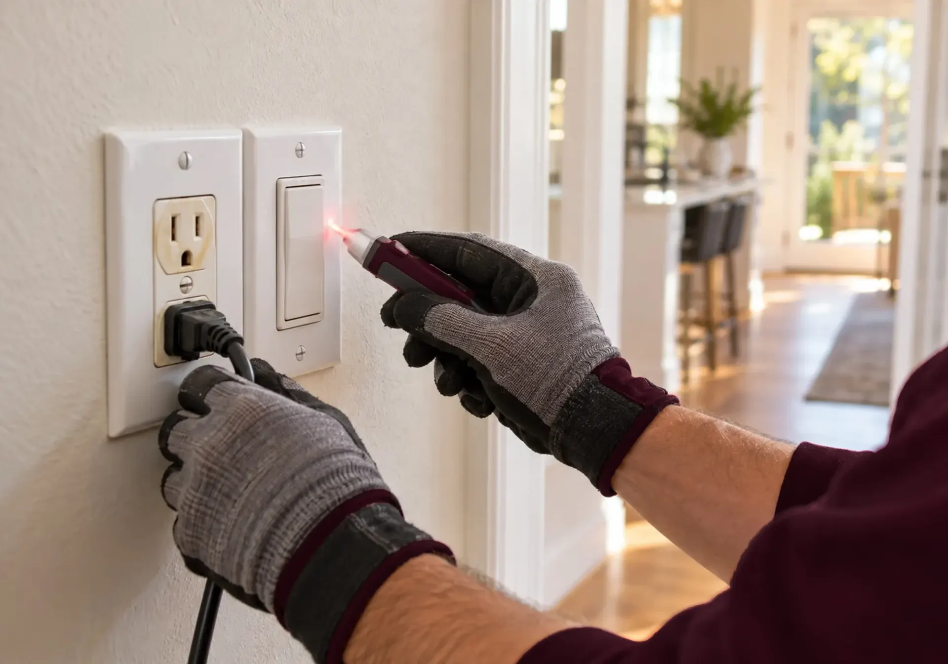 Outlets and switches in Los Angeles, CA: electrician in gloves testing a wall outlet and switch with a non-contact voltage tester