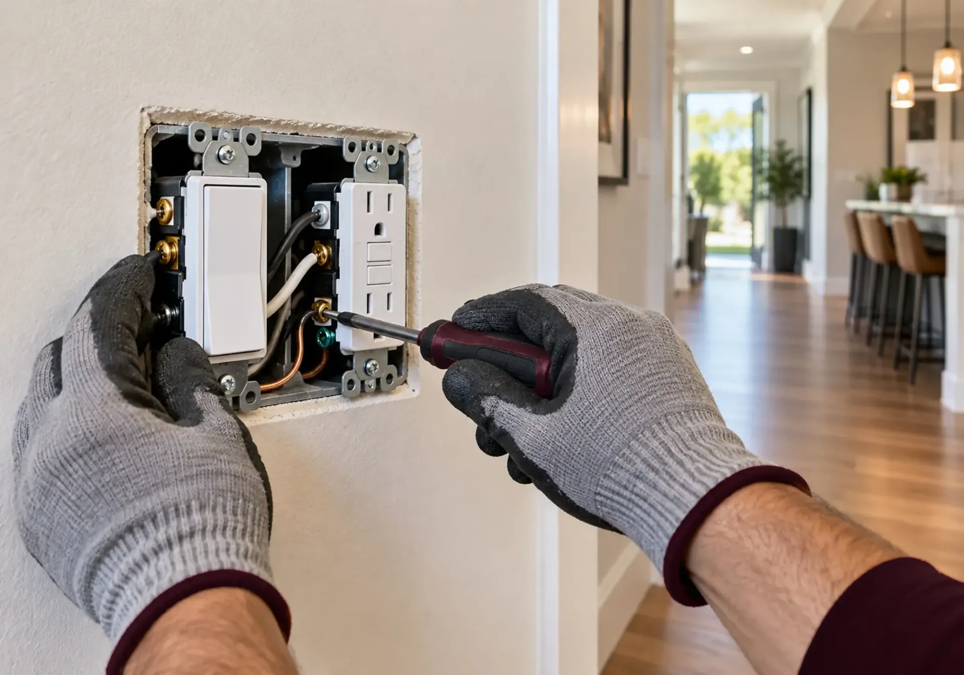 Outlets and switches in Los Angeles, CA: electrician in gloves wiring a wall switch and GFCI outlet in an open electrical box