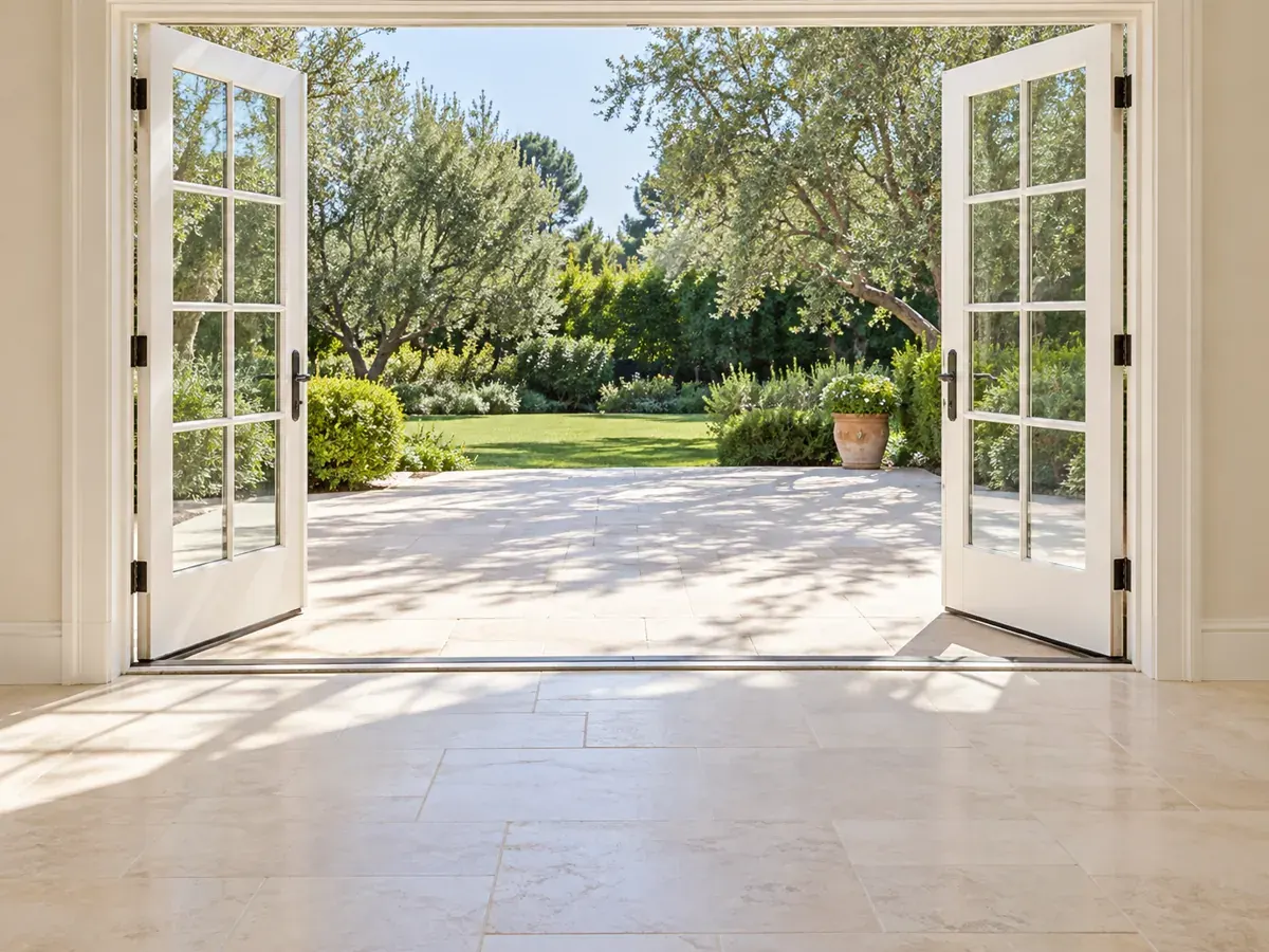 Patio door installation in Los Angeles, CA: open French doors to a patio