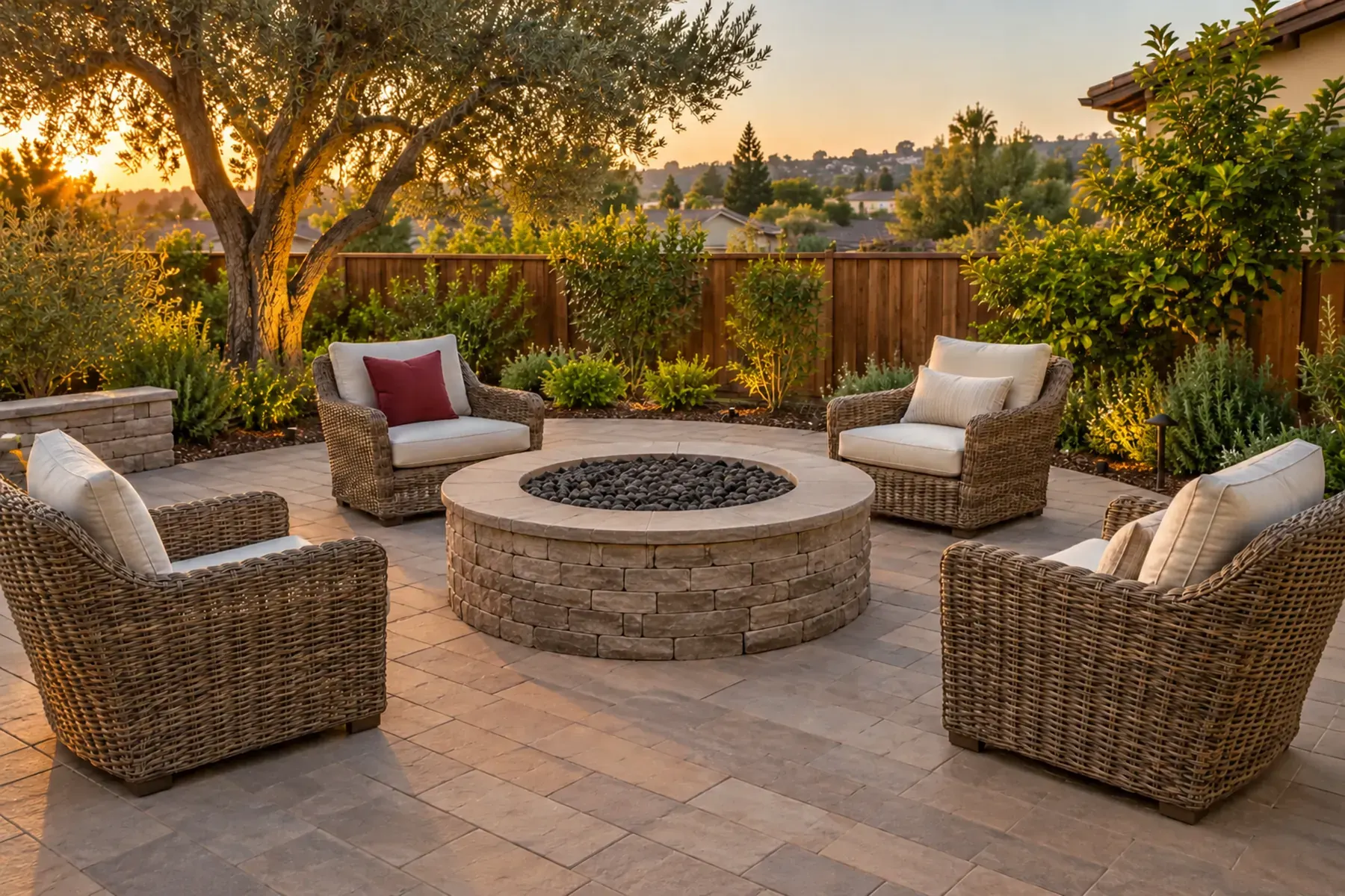 Circular stone fire pit surrounded by wicker chairs on a paver patio in a Whittier garden at sunset