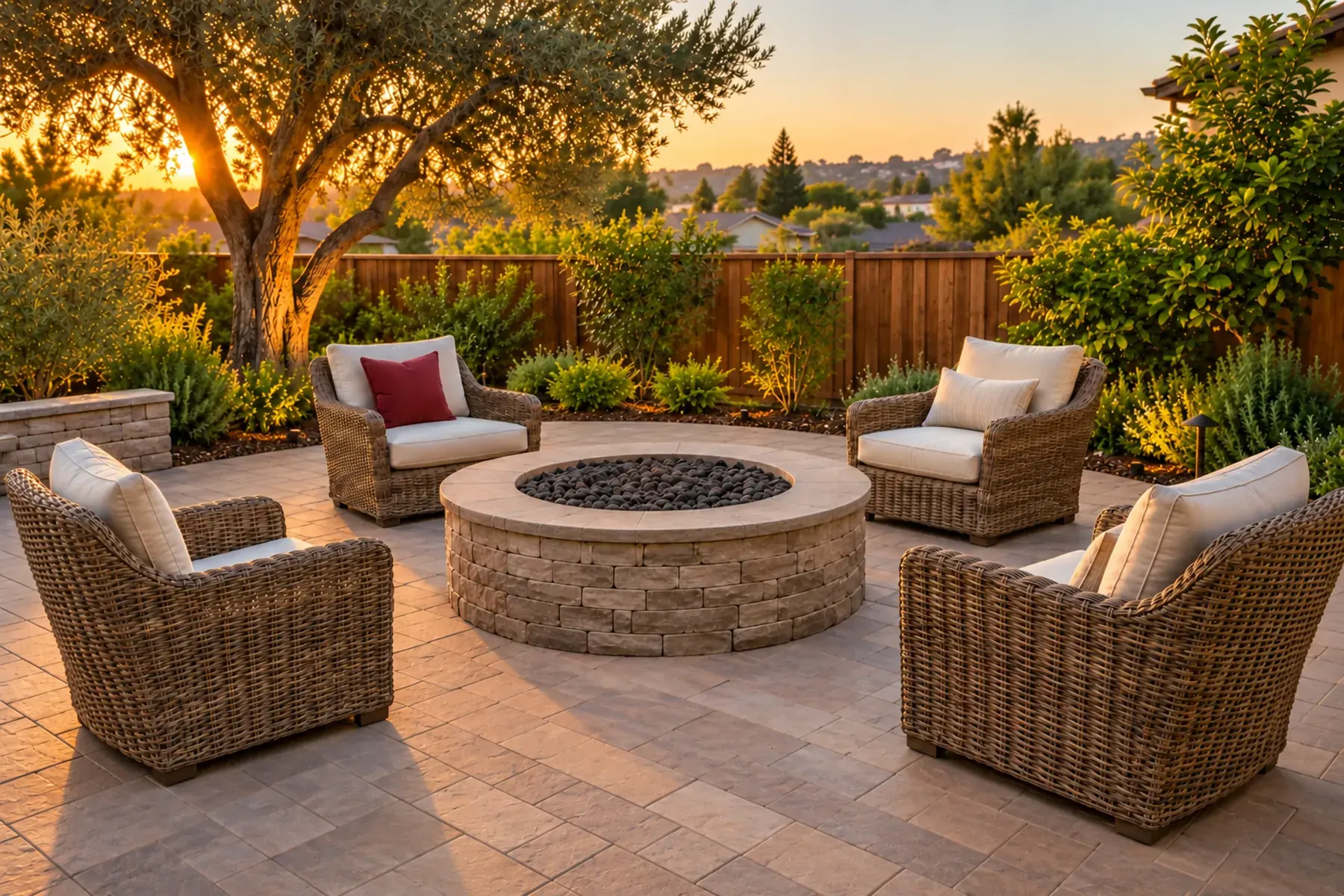 Patio and fire pit installation in Whittier, CA with a circular stone fire pit, paver patio and wicker armchairs at sunset