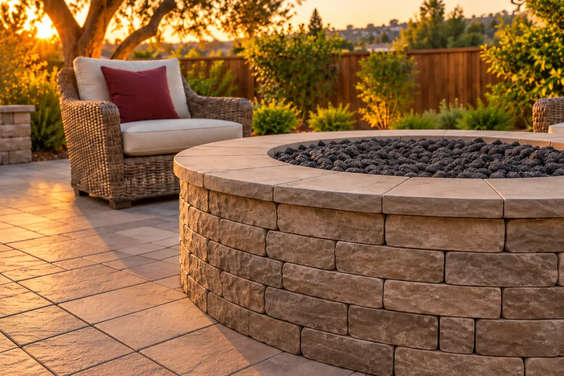 Close-up of a stacked stone fire pit wall with a stone cap and black lava rock on a Whittier paver patio