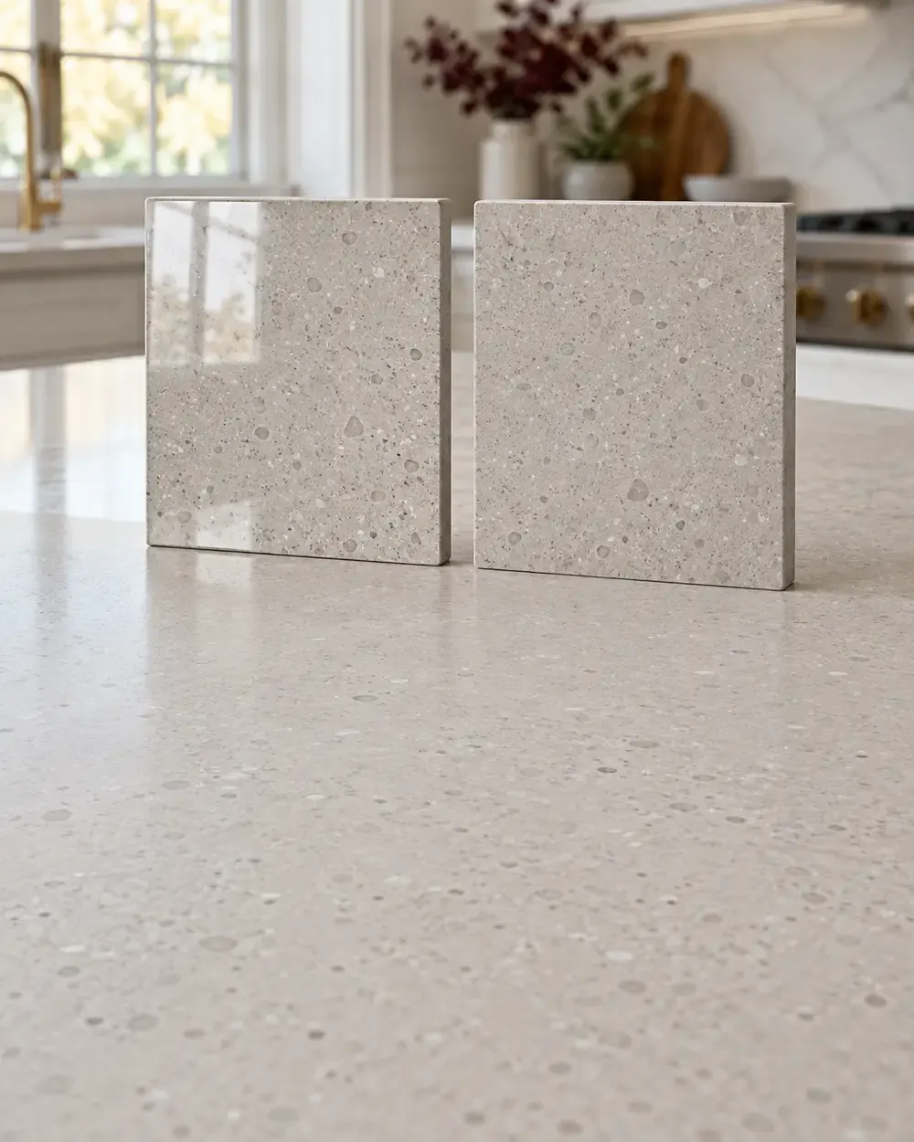 Polished and matte quartz finishes in Los Angeles, CA: two quartz samples showing glossy and honed surfaces