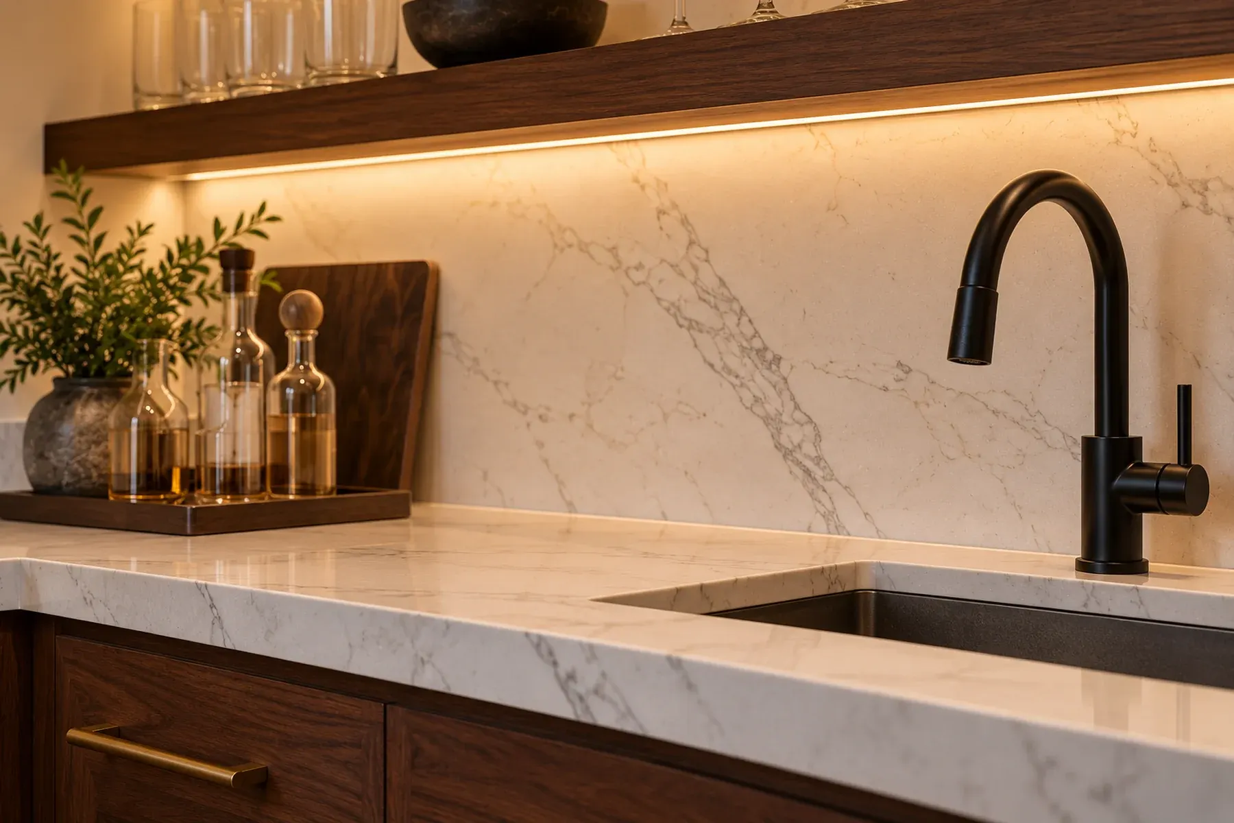 Close-up of a veined quartz backsplash and bar top with an undermount sink and matte black faucet in a Tustin home bar