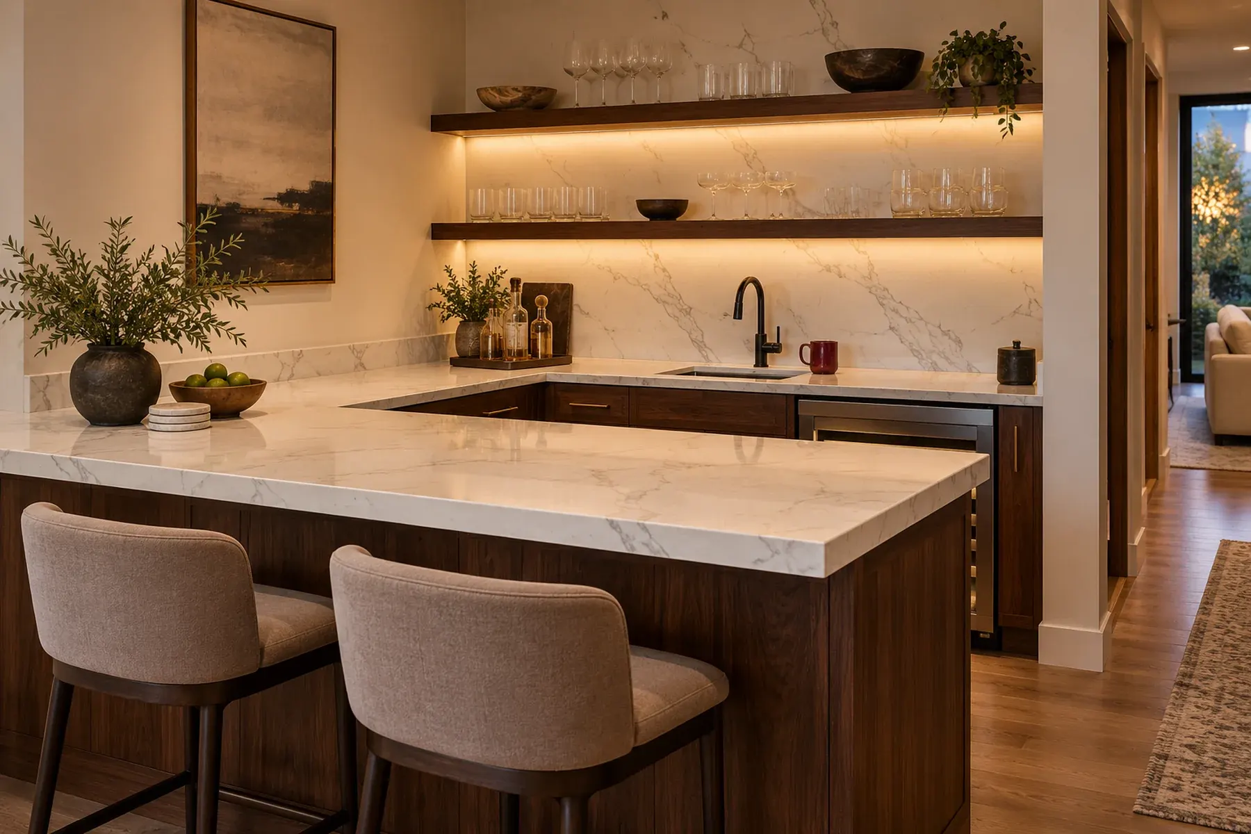 Tustin home bar with a quartz bar top, matching backsplash, lit floating shelves and a built-in wine fridge